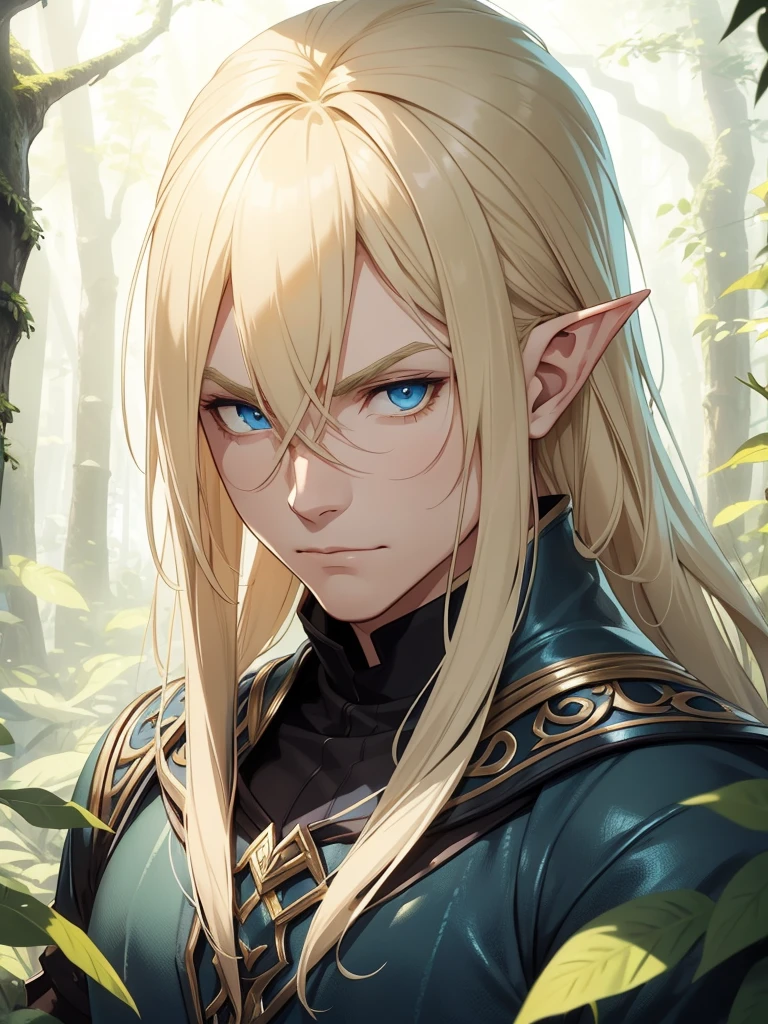 A male elf that possesses flowing blonde hair and striking blue eyes, typical of his elven heritage. He dresses in supple, forest-green leather armor crafted for agility and stealth, complemented by dark trousers and sturdy boots that allow him to move swiftly through the dense underbrush of Evershade Forest.
