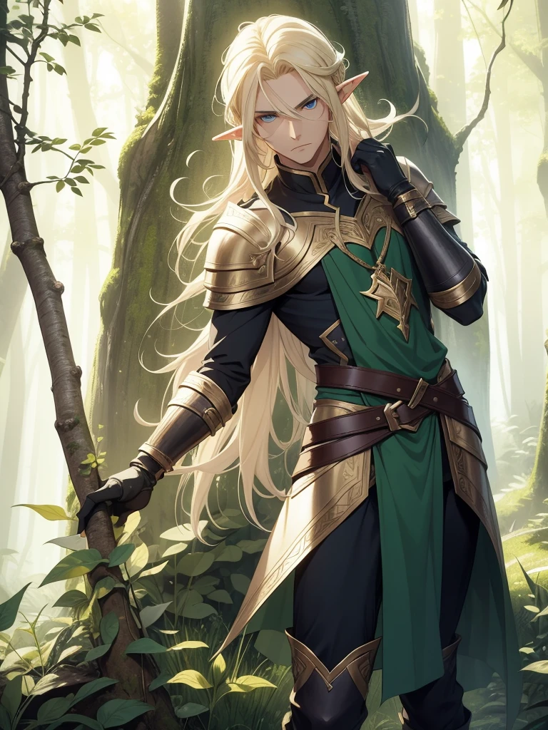 A male elf that possesses flowing blonde hair and striking blue eyes, typical of his elven heritage. He dresses in supple, forest-green leather armor crafted for agility and stealth, complemented by dark trousers and sturdy boots that allow him to move swiftly through the dense underbrush of Evershade Forest.
