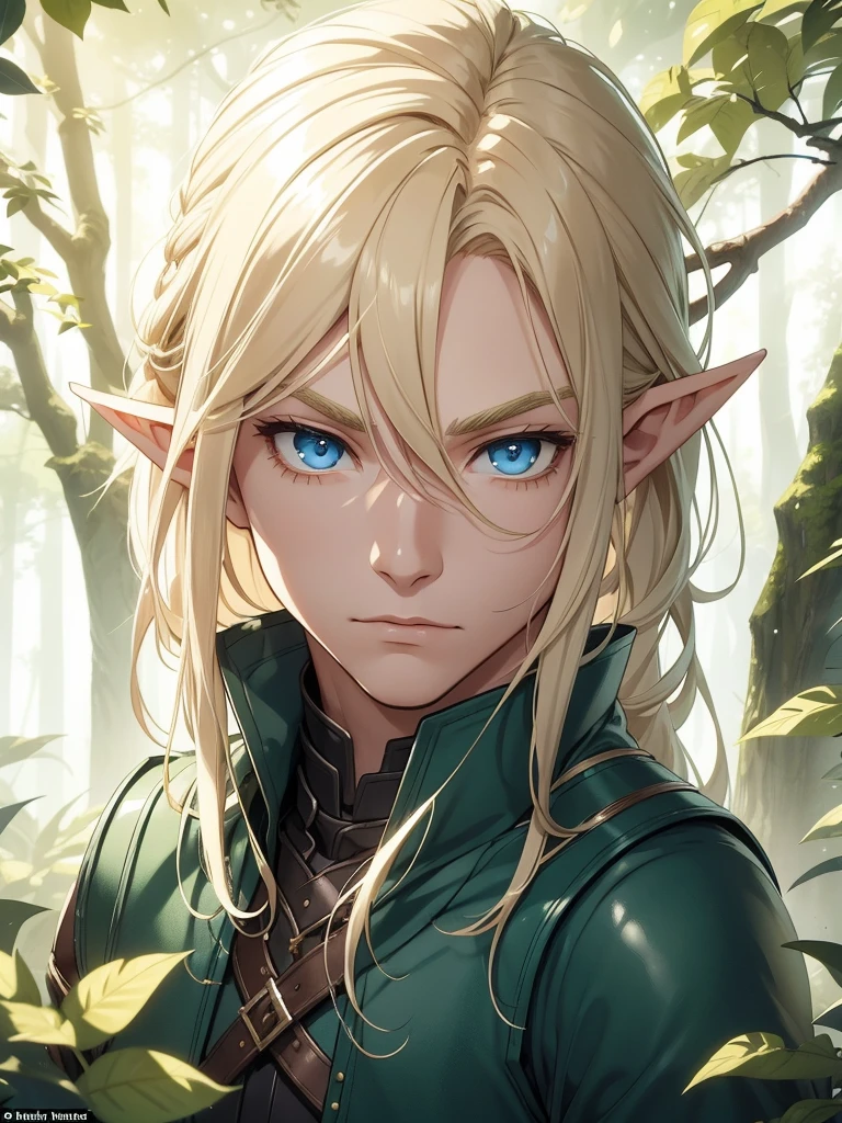 A male elf that possesses flowing blonde hair and striking blue eyes, typical of his elven heritage. He dresses in supple, forest-green leather armor crafted for agility and stealth, complemented by dark trousers and sturdy boots that allow him to move swiftly through the dense underbrush of Evershade Forest.
