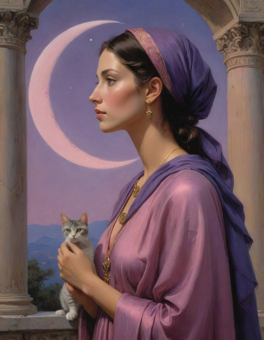 Masterpiece, (realistic), (propaganda poster), ((Moebius Jean Giraud)), ((((haughty upright profile portrait of a veiled Roman woman, young, priestess, sensual, imposing, dignified, proud, arrogant, wearing silk, purple and pink robes with detailed crescent moon, star elements, petting a cat)))), ((Corinthian columns, jungle, dusk background, moths))