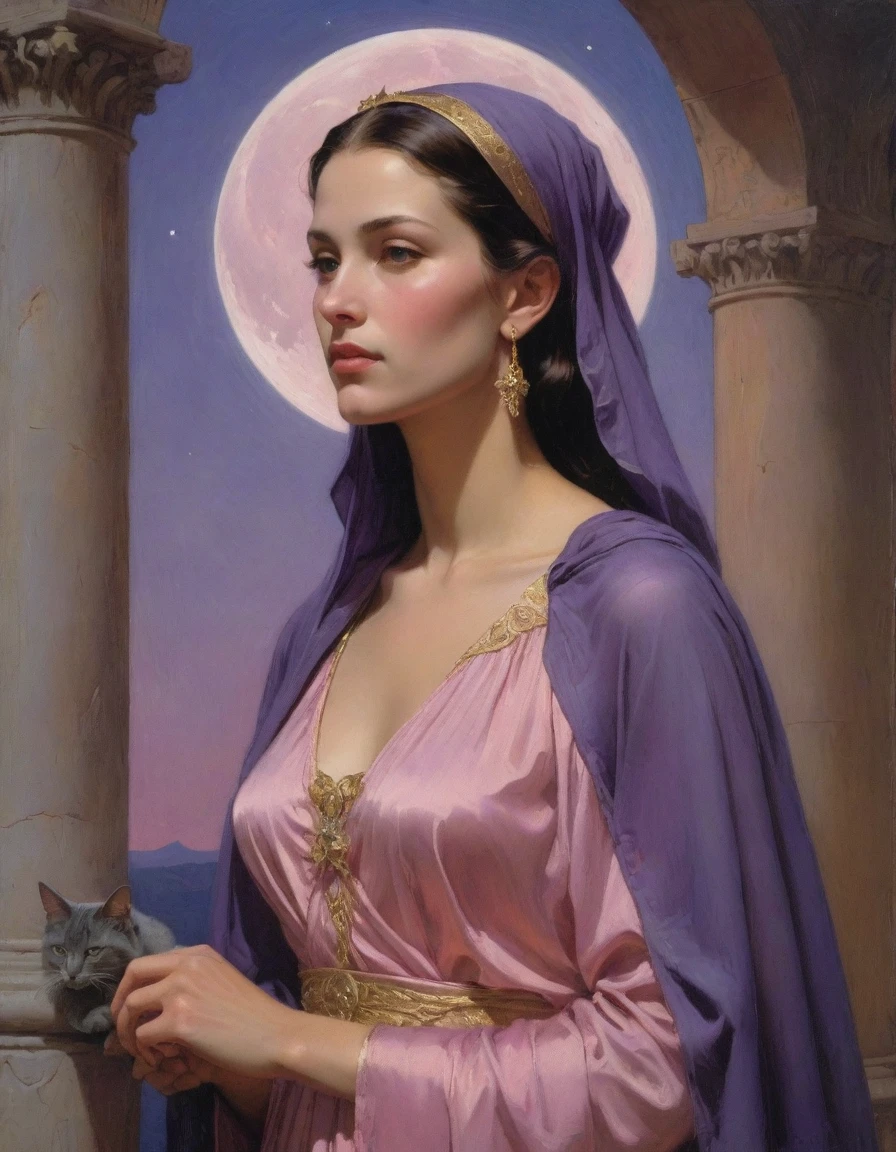 Masterpiece, (realistic), (propaganda poster), ((Moebius Jean Giraud)), ((((haughty upright profile portrait of a veiled Roman woman, young, priestess, sensual, imposing, dignified, proud, arrogant, wearing silk, purple and pink robes with detailed crescent moon, star elements, petting a cat)))), ((Corinthian columns, jungle, dusk background, moths))