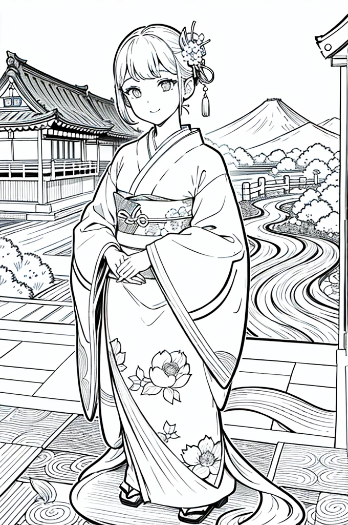 Obra maestra, superlativo, solamente, flower line drawing background, fondo blanco, monocromo, line drawing, ((bosquejo)), spooky, white eyes, please create a simple monochrome coloring book that even a can do, depicting a realistic and cute ukiyo-e illustration of a girl in a kimono, in various poses, with a Japanese garden in the background, that conveys Japanese culture, with a cunning and malevolent smirk.