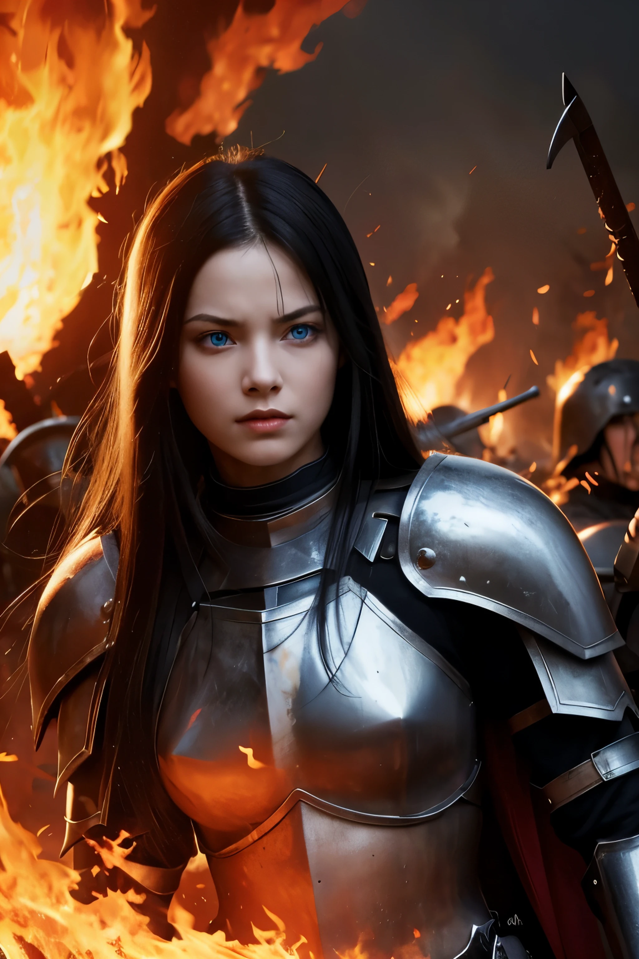 Highest quality,Beautiful woman,whole body,Fighting expression,1 person,(Black Hair,Blue Eyes),war,Warrior,knight,Engulfed in flames,Lots of demons