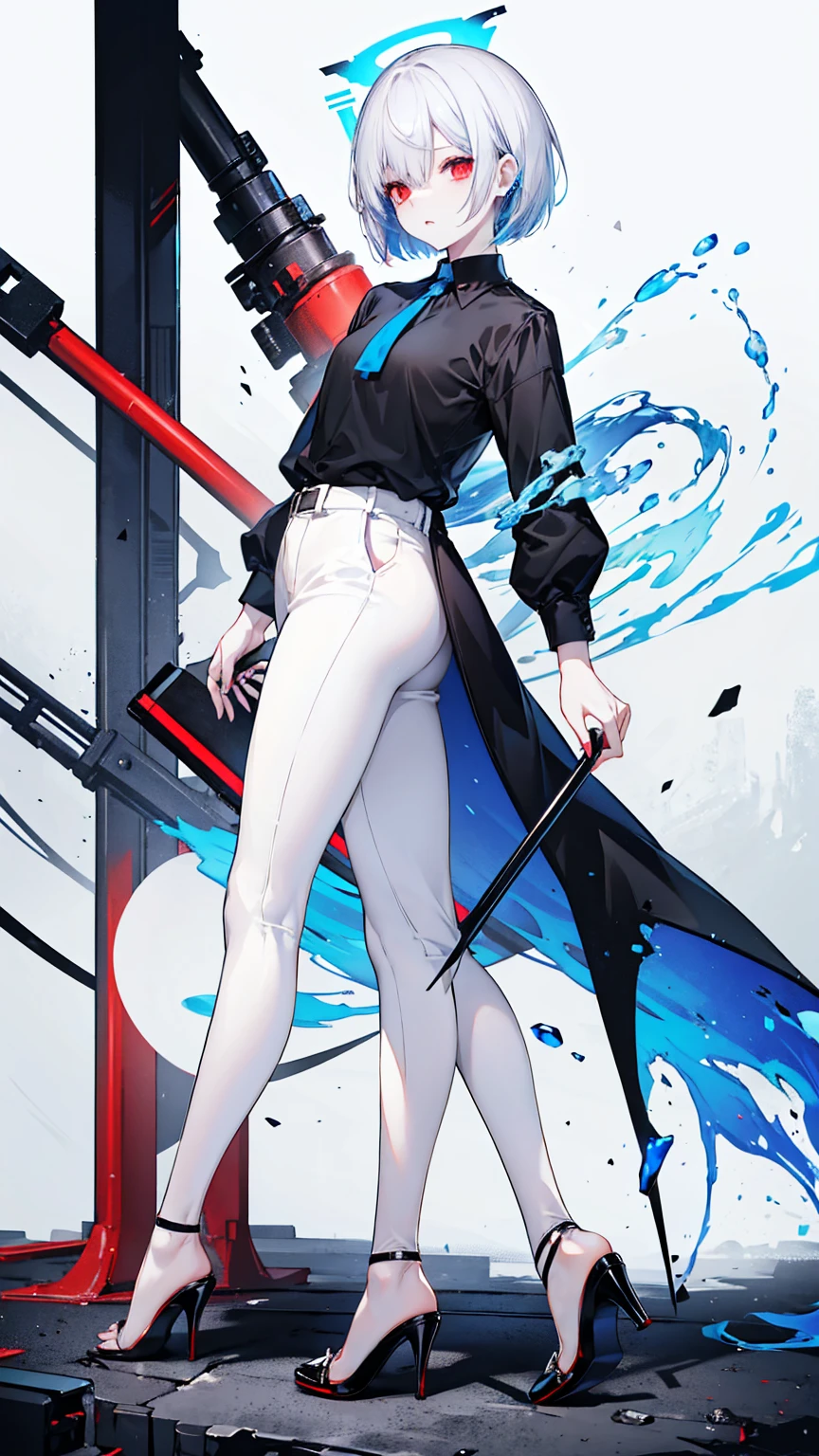 Sky blue short Bob, Red eyes, Black long-sleeved shirt, White pale skin, White eye patch, tall, long leg, Black trousers, Black high-heels