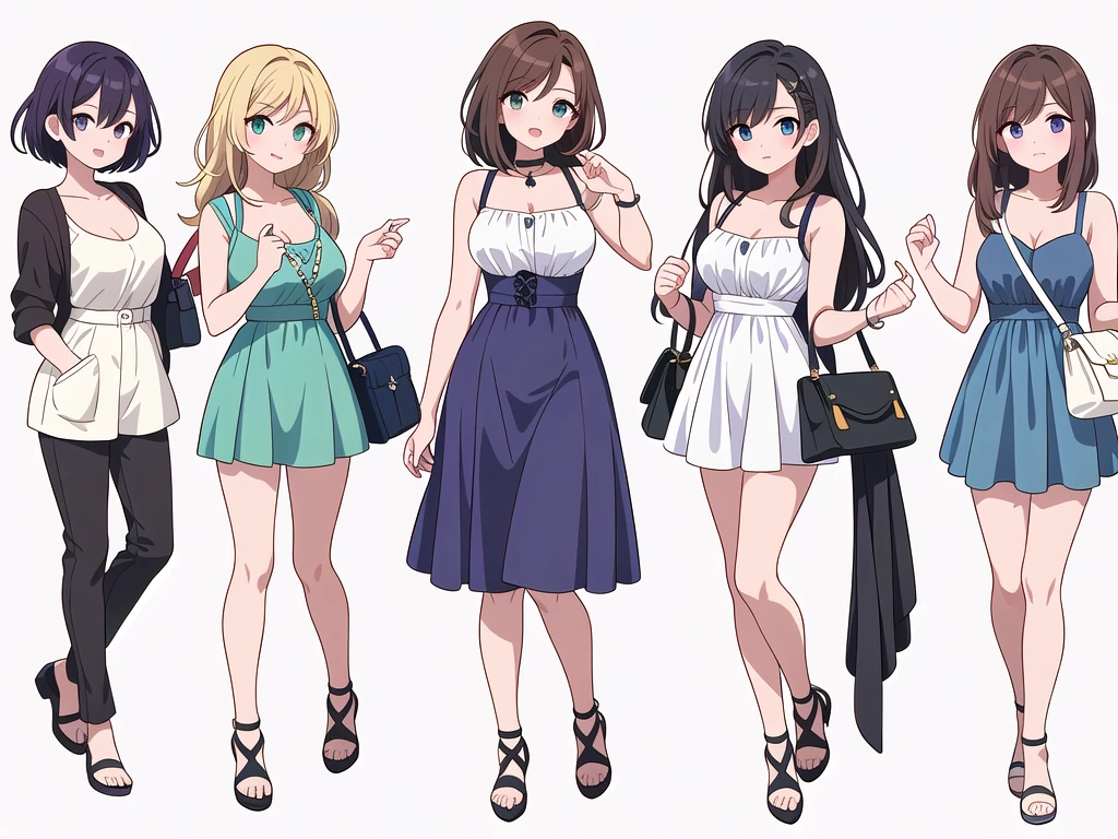 (((Best Quality))) , ((full body)), 4 lady, adult woman, multiple views, (((white background,))) variety of hairstyles, variety of fashion styles, seductive pose, fashionable and trendy atmosphere, holding bag, summer outfits, walk pose, dark blue/dark orange/dark green/dark violet/brown/white, short shorts, cleavage,