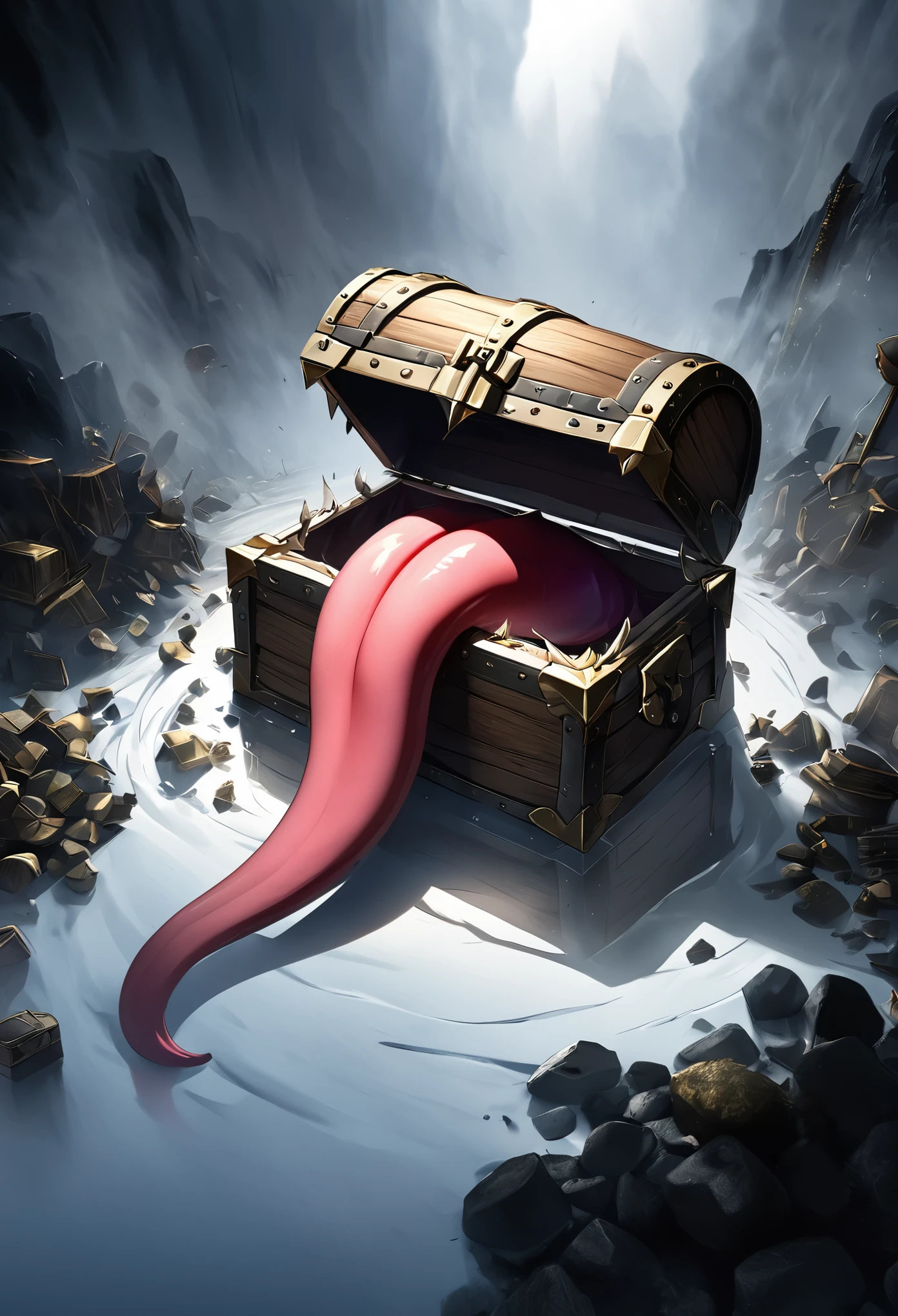 Mimic Treasure Chest, upscale宝箱, detailed and realistic, Sharp teeth, Long Tongue, Wide open lid, Open the lid of the treasure chest,
BREAK aestheticな装飾品の中に見える凶暴な歯と舌, gemに埋もれている, Sharp Fangs, luxury, upscale, Three-dimensional, Fascinating chiaroscuro, Transparent reflection,
BREAK gem, precious metals, Artwork, All first-class,
BREAK 不条理な罠, Overflowing with curiosity, Strong vigilance,
BREAK ドラマチックな映画照明, A bold and powerful composition,
BREAK ダイナミックに開く蓋, Motion Blur, Techniques to captivate your audience, Exquisite and delicate brushwork, 最upscaleの写真印刷,
BREAK (Dynamic shot:1.4, from above:1.3), Slow shutter speed,
BREAK はじけ飛ぶ財宝, gem, precious metals, Artwork, aesthetic, Fantastic Fog, Cryptic,
BREAK 最高品質, Highest quality, Highest Resolution, BREAK Sharp Fangs, Big Tongue, Vertical strain,