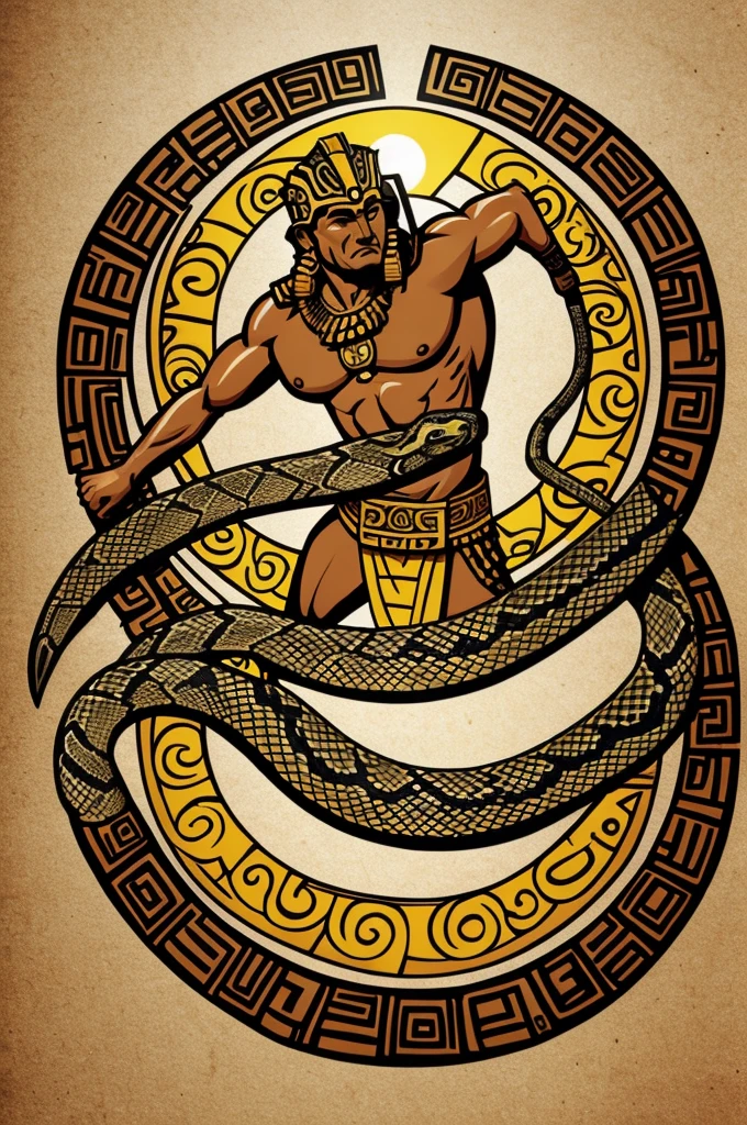 Make a snake with the body of a Mayan warrior that represents the sun that is not so detailed and is a logo type.