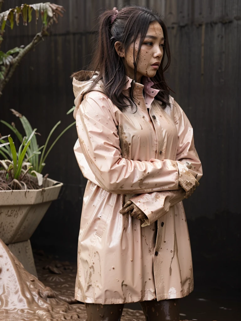 Light pink buttoned raincoat, muddy clothes, muddy raincoat, covered in mud, very dirty clothes, asian woman