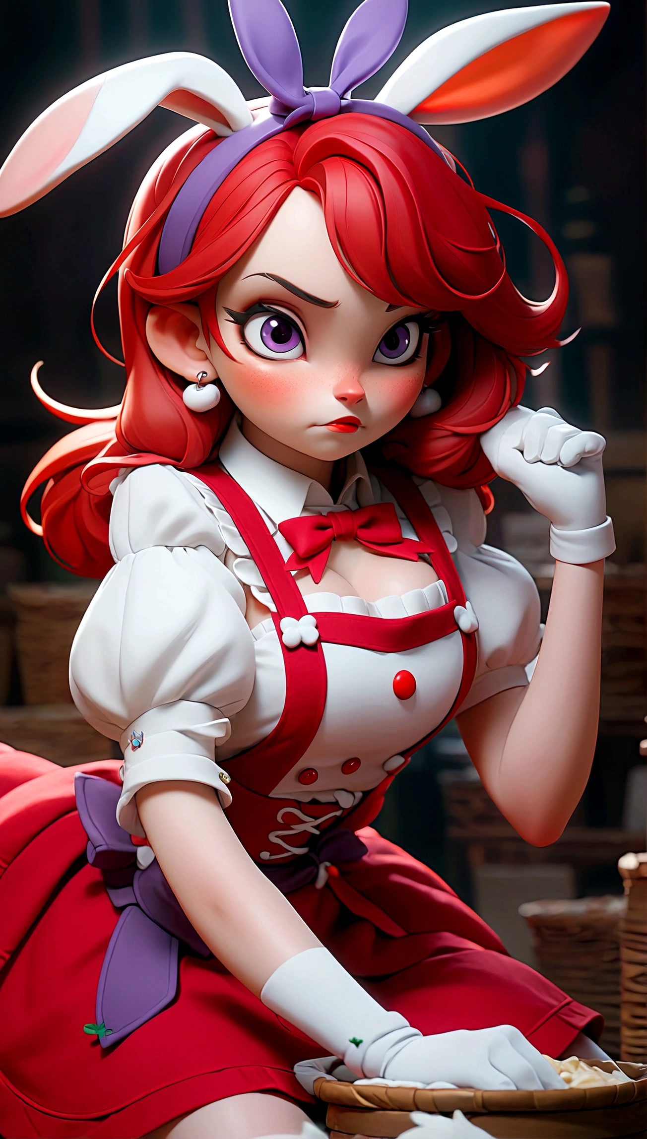 Outrageous, best quality, 1 Girl, Solitary, Red hair, Purple Eyes, Long hair, Large target, Ah Rabbit, Bunny ears, Red corset, Xuelan, apron, red neck ribbon, Red Skirt, Hairpin, Short sleeve, Wrist sleeves, White thighs, Jingle Bells