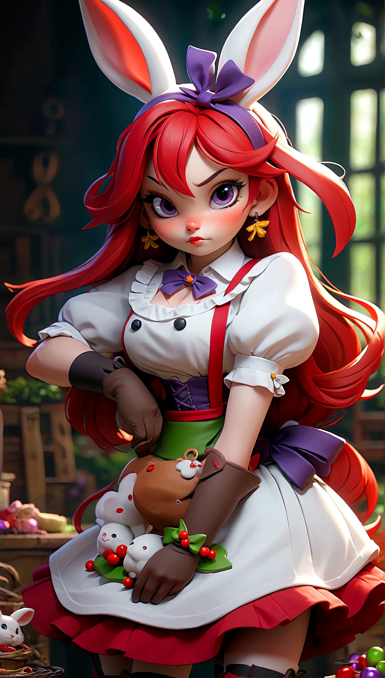 Outrageous, best quality, 1 Girl, Solitary, Red hair, Purple Eyes, Long hair, Large target, Ah Rabbit, Bunny ears, Red corset, Xuelan, apron, red neck ribbon, Red Skirt, Hairpin, Short sleeve, Wrist sleeves, White thighs, Jingle Bells
