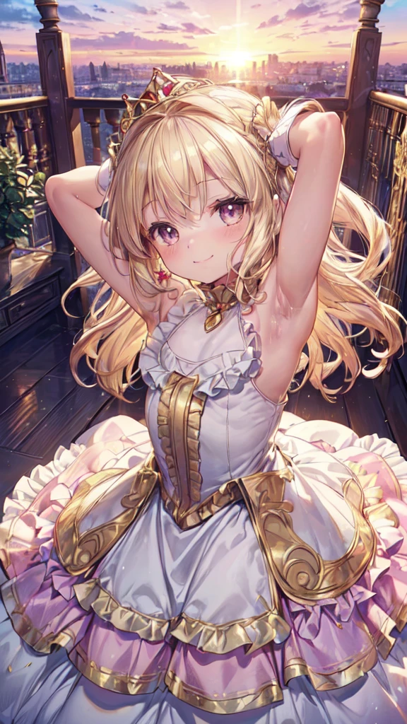 (Ultra-high resolution of the highest quality, masutepiece, Best Quality, 8K, Super Detail, Best Quality:1.3), (Anatomically correct:1.2), (1 Little girl:1.8), (Loli:1.8), (Child:1.8), (petite body,   build,  stature:1.6), (flat chest:1.2), (drooping eyes), (blush cheek:1.3), (long hair:1.2), (blonde hair:1.2), tiara, (luxury frilled gold princess gown:1.7), (jewel, gem:1.2), (europe castles balcony), (beautiful sunset glow:1.2), front view, Extremely cute, (extremely detailed beautiful face), Authentic skin texture, beautiful hair, beautiful face, beautiful eyes, beautiful body, beautiful hands, (happy smile:1.5), (face focus, armpit focus:1.6), (standing), (from above:1.2)