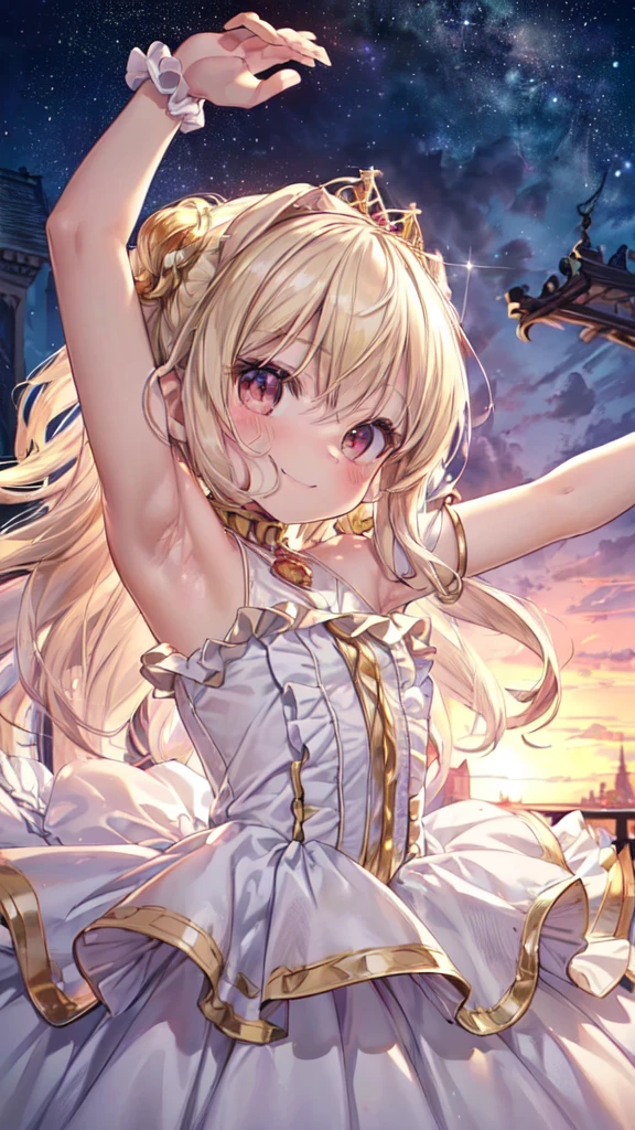 (Ultra-high resolution of the highest quality, masutepiece, Best Quality, 8K, Super Detail, Best Quality:1.3), (Anatomically correct:1.2), (1 Little girl:1.8), (Loli:1.8), (Child:1.8), (petite body, build, stature:1.6), (flat chest:1.2), (drooping eyes), (blush cheek:1.3), (long hair:1.2), (blonde hair:1.2), tiara, (luxury frilled gold princess gown:1.7), (jewel, gem:1.2), (europe castles balcony), (beautiful sunset glow:1.2), front view, Extremely cute, (extremely detailed beautiful face), Authentic skin texture, beautiful hair, beautiful face, beautiful eyes, beautiful body, beautiful hands, (happy smile:1.5), (face focus, armpit focus:1.6), (standing), (from above:1.2)