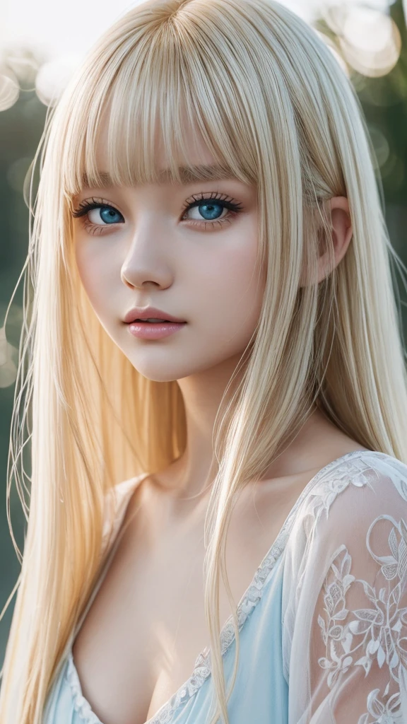 The most beautiful and dazzling blonde hair in the world、Beautiful blonde bangs、Super long straight hair、beautiful clear bright light blue big eyes、Transparent white and wet nightgown、European youth、perfect bodies、ultimate beauty girl、Perfect beauty、The cutest face in the world、The most beautiful 16-year-old in the world、white, dazzling shiny skin,、Perfect beautiful face、Bright makeup、Thin pink lips、1 girl in、Unbuttoned shirt、lipsticks、deceptive advertising、{steams}、Viewer Vision、Golden Hour Lighting、comic strip、Bokeh atmosphere perspective、detaileds、Movie Light、intricate-detail、hight resolution、 Detailed features of face design、high détails、Clear focus、SMOOTHNESS、aesthetics、high détails、printed、octane、{{​masterpiece}}