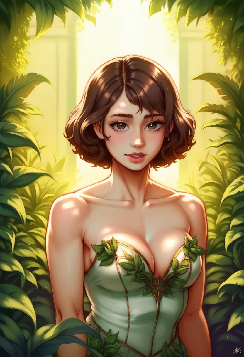 a beautiful detailed girl, elegant dress, short brown hair, beautiful eyes, detailed face, serene expression, sunlight, lush greenery, dreamy atmosphere, intricate patterns, photorealistic, highly detailed, 8k, HDR, studio lighting, vibrant colors, cinematic lighting