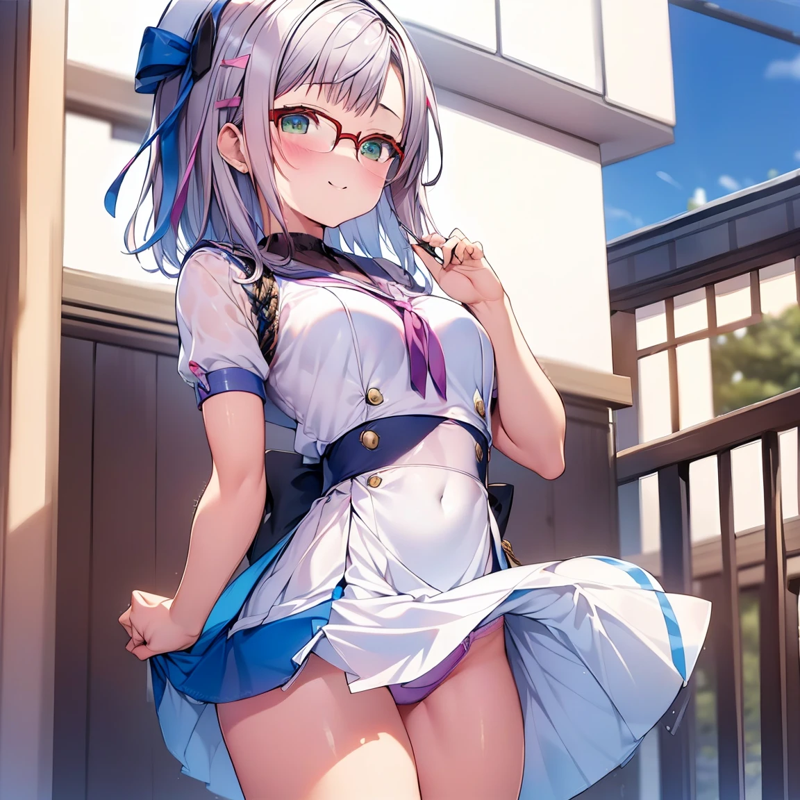 8K、masterpiece、Japanese、Woman wearing glasses、Neon(nod)、from the front、smile、Childish、Small breasts、See-through underwear、night、Bedroom、Show your underwear、mini skirt