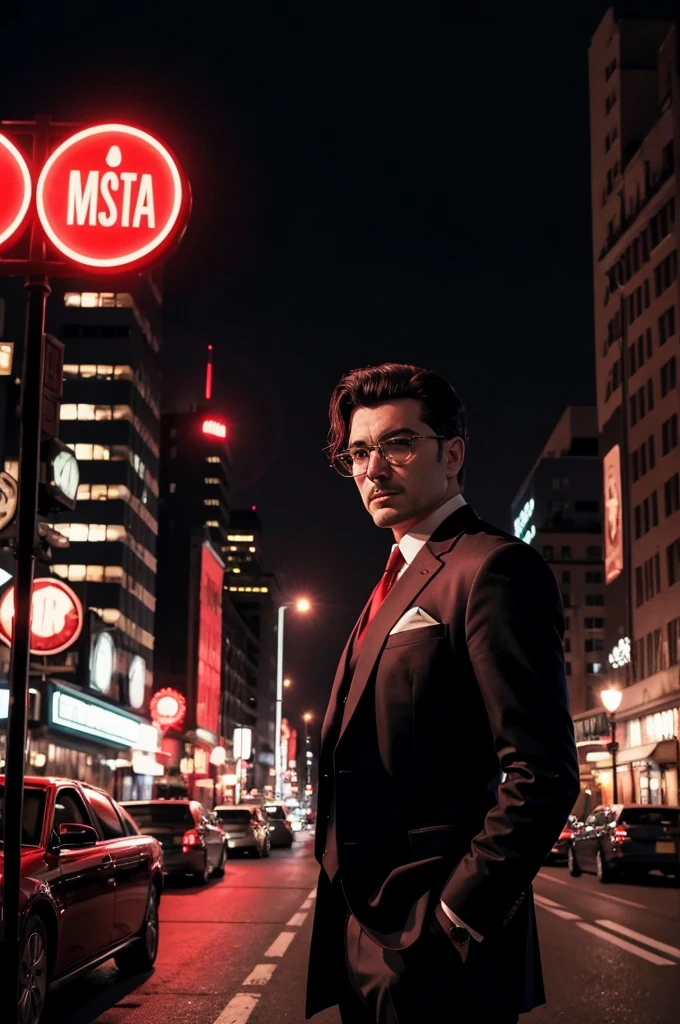 make a mafia themed backgroun mixed with murder mystery with the city in the background and a red light with a circular shape