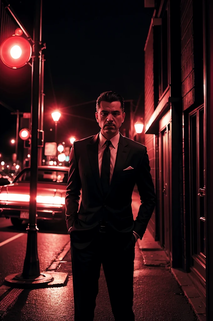 make a mafia themed backgroun mixed with murder mystery with the city in the background and a red light with a circular shape