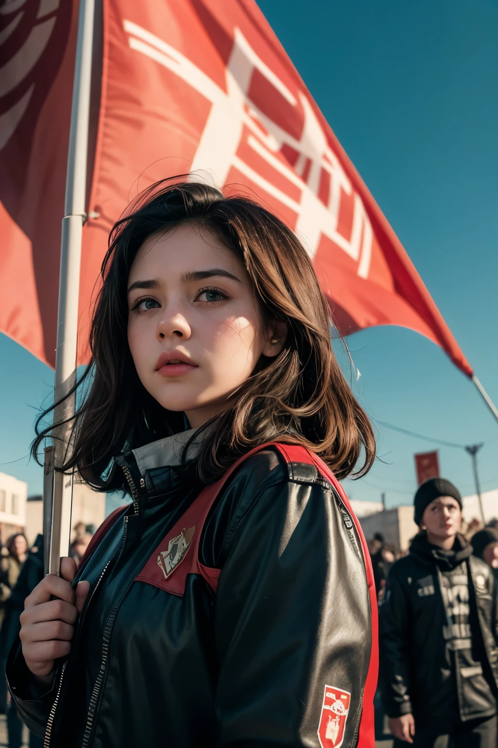 young woman, chubby and determined, with a serious and empowered facial expression. She is holding a sign.
Around her, flags with the feminist symbol, human rights icons or even figures representing women's health.
The setting is urban, with people in 21st century modern clothes around, determined and concentrated, showing support.
The image is stylized as a Soviet propaganda poster, should capture the heroic realism and graphic style characteristic of Soviet art, with vibrant colors and dramatic composition, Com cores fortes, striking contrasts, and a vintage graphic aesthetic, 2d, vectorised, bold and iconic.
