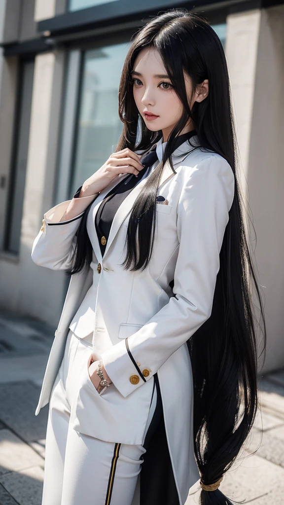woman, (สาวสวยTwo meter long hair, My hair is very long., extra long hair, long black hair), (suitสไตล์อิตาลี, suitสองปุ่ม), (Italian suit, white suit, Set of two buttons), (ใส่สูทwoman, Business woman'suit, white), (suitwomanwhite), (เสื้อเชิ้ตwhite), necktie, (necktieสั้นสีดำ, necktieสีดำ, necktieผอม, ถักnecktie), (military rank insignia), (Short pencil skirtwhite), (Dynamic posts), full body, (A gigantic rift), (big breasts, thin body, small waist, hips raised, small thighs, Long legs), high-heelsสีดำ, (Short pencil skirt, white), Wearing a suit for a business woman, (Wearing a white businessuit, สูทนักธุรกิจหญิงwhite), (tight, military regalia, เสื้อwhite, กระโปรงwhite), (black shoes), (Two gold suit buttons, Two meter long hair, suitเข้ารูป, เสื้อสูทwhiteทรงธรรมดารัดรูป), (black shoes, high-heels), (stand, walk, elegant posture, Dynamic posts), short dress, earring, garden, monument