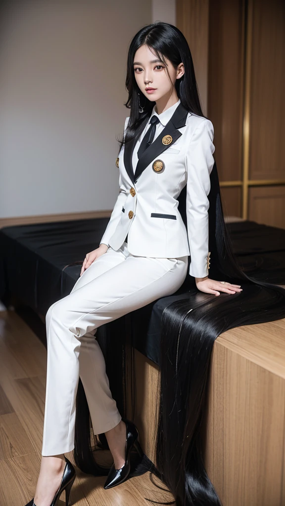 woman, (สาวสวยTwo meter long hair, My hair is very long., extra long hair, long black hair), (suitสไตล์อิตาลี, suitสองปุ่ม), (Italian suit, white suit, Set of two buttons), (ใส่สูทwoman, Business woman'suit, white), (suitwomanwhite), (เสื้อเชิ้ตwhite), necktie, (necktieสั้นสีดำ, necktieสีดำ, necktieผอม, ถักnecktie), (military rank insignia), (Short pencil skirtwhite), (Dynamic posts), full body, (A gigantic rift), (big breasts, thin body, small waist, hips raised, small thighs, Long legs), high-heelsสีดำ, (Short pencil skirt, white), Wearing a suit for a business woman, (Wearing a white businessuit, สูทนักธุรกิจหญิงwhite), (tight, military regalia, เสื้อwhite, กระโปรงwhite), (black shoes), (Two gold suit buttons, Two meter long hair, suitเข้ารูป, เสื้อสูทwhiteทรงธรรมดารัดรูป), (black shoes, high-heels), (stand, walk, elegant posture, Dynamic posts), short dress, earring, garden, monument