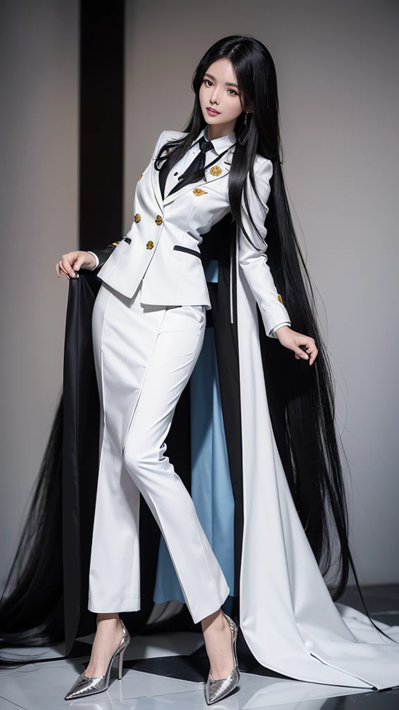 woman, (สาวสวยTwo meter long hair, My hair is very long., extra long hair, long black hair), (suitสไตล์อิตาลี, suitสองปุ่ม), (Italian suit, white suit, Set of two buttons), (ใส่สูทwoman, Business woman'suit, white), (suitwomanwhite), (เสื้อเชิ้ตwhite), necktie, (necktieสั้นสีดำ, necktieสีดำ, necktieผอม, ถักnecktie), (military rank insignia), (Short pencil skirtwhite), (Dynamic posts), full body, (A gigantic rift), (big breasts, thin body, small waist, hips raised, small thighs, Long legs), high-heelsสีดำ, (Short pencil skirt, white), Wearing a suit for a business woman, (Wearing a white businessuit, สูทนักธุรกิจหญิงwhite), (tight, military regalia, เสื้อwhite, กระโปรงwhite), (black shoes), (Two gold suit buttons, Two meter long hair, suitเข้ารูป, เสื้อสูทwhiteทรงธรรมดารัดรูป), (black shoes, high-heels), (stand, walk, elegant posture, Dynamic posts), short dress, earring, garden, monument