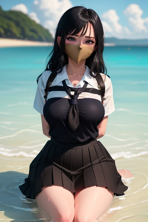 1 girl, detailed blue eyes, lange wimpern, detailed beautiful face, 4k quality, (Long black hair:1.4), (arms behind back:1.6), gefesselte Arme, Red rope, (blushing:1.3), (Big boobs:1.2), (weißes Hemd mit schwarzer krawatte, black skirt, school girl, 18 jears old:1.6), OTN, Gag, gagged, shibari, liegend im wasser, nah aufnahmen, wet skin, laying in beach water, liegend
