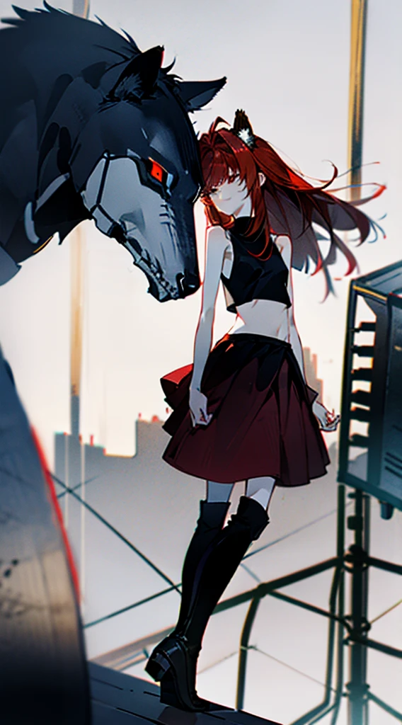 On the chest、high resolution、High Quality、smile、Hairstyle with a long neckline、Red mesh hair、Wolf Ears、Black tank top、Red overskirt、Black boots、Hand holding a skeleton microphone、Fewer fingers、Less arms、Facing forward、