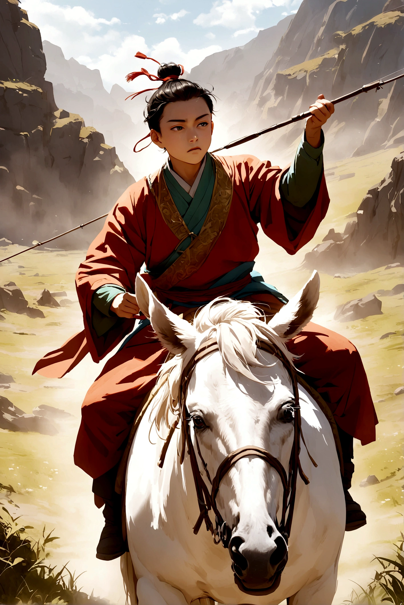 A bravery youth boy wearing Mongolian clothes riding on a white horse and dragging a bow aim to the air.