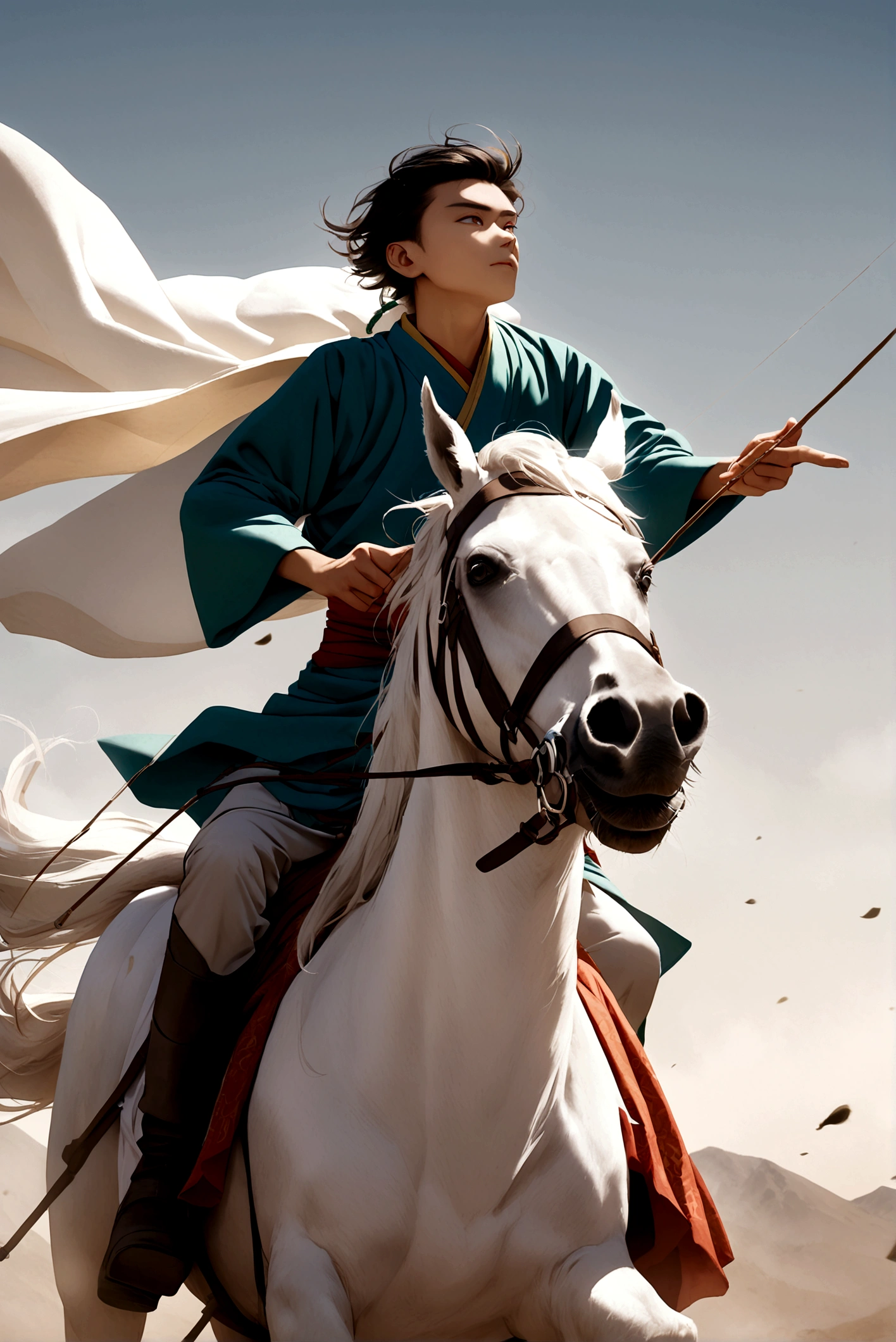 A bravery youth boy wearing Mongolian clothes riding on a white horse and dragging a bow aim to the air.
