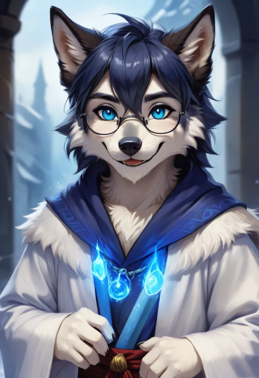 Wolf，male，Mage Clothing，robe，Blue and white fur，Glasses，Orcs，Orcs脸，delicate and pretty，Wolf脸，cute，Young，Introvert，精灵Wolf，Facial details，happy，Smile，Light blue ears，Dark blue bangs，light blue eyebrows