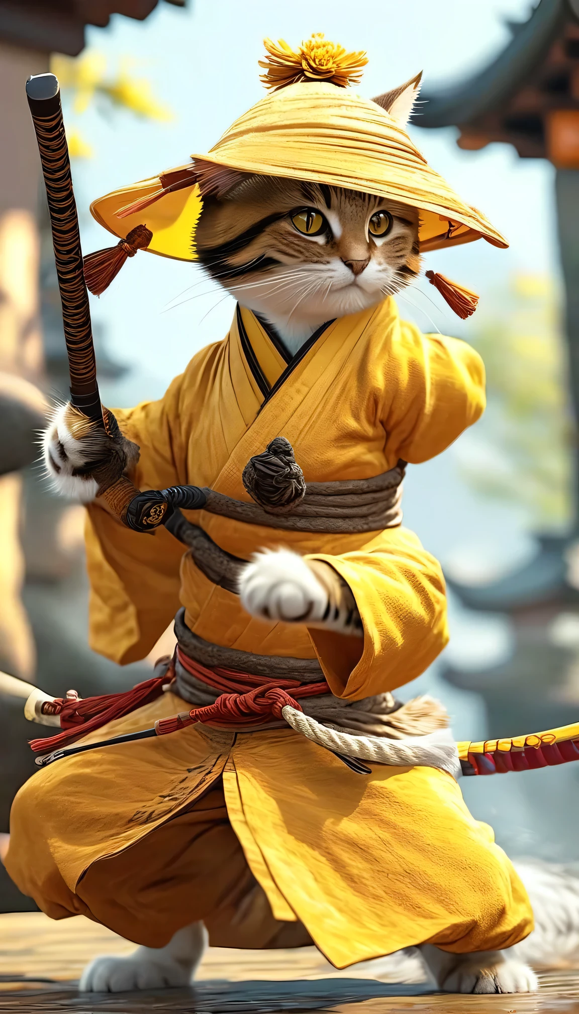Arafed cat in yellow robe and brown hat, Anthropomorphic cat ninja, Samurai Cat, Ninja Cat, Assassin Cat, Tabaqui Monk, Cat Warrior, small character. Unreal Engine 5, In fighting stance, Inspired by Miao, In combat mode
