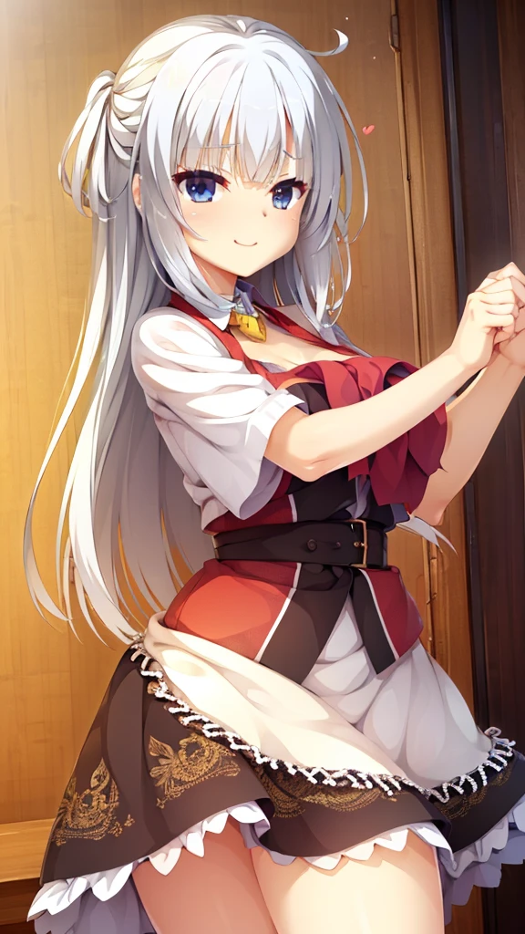 Cute girl with skirt belly punch in the corner of the ring,((masterpiece)),long hair,beautiful white skin、 ((charming))、happy smile、perfect proportions、(((Kickboxing)))、(((Mixed wrestling))), cute woman, baby face, BREAK source_anime, high detail, looking at viewer,POV, large chest, best quality, highly detailed, young face, white background,Droopy eyes, Calm face,A relaxed face,she attacks,frilly skirt,heart hair ornament