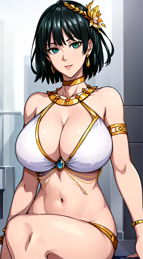 Simple white background,glitter,
barefoot,white dress,cleavage,collarbone, Navel,bare shoulders, Gold leaf on head,
bracelet, earrings, jewelry, gem,Pearl, Green eyes gold necklace, Black hair,explosions,short hair hair,
1girll, 20yo,young woman,Beautiful Finger,Beautiful long legs,Beautiful body,
Beautiful Nose,Beautiful character design, perfect eyes, perfect face,expressive eyes,perfect balance,
looking at the scenes,(Focus on her face.),closed mouth, (innocent_Large_eyes:1.0),(light_smile:0.3),
formal art,Highly detailed CG module 8K rear, perfect illumination,Colored, bright_front_face_lighting,white-skinned,
(Masterpiece:1.0),(Best_quality:1.0), very high resolution,4K,A highly detailed,
photography, 8K, hdr, highres, absurdres:1.2, Kodak portra 400, grain du film, blurry background, bokeh:1.2, lens flare, (vibrant_Farbe:1.2),professional photo,
(A beautiful,Large_breasts:1.4), (A beautiful_face:1.5),(narrow_waist), setting huge breasts smile closed mouth lipstick green lips bed earrings