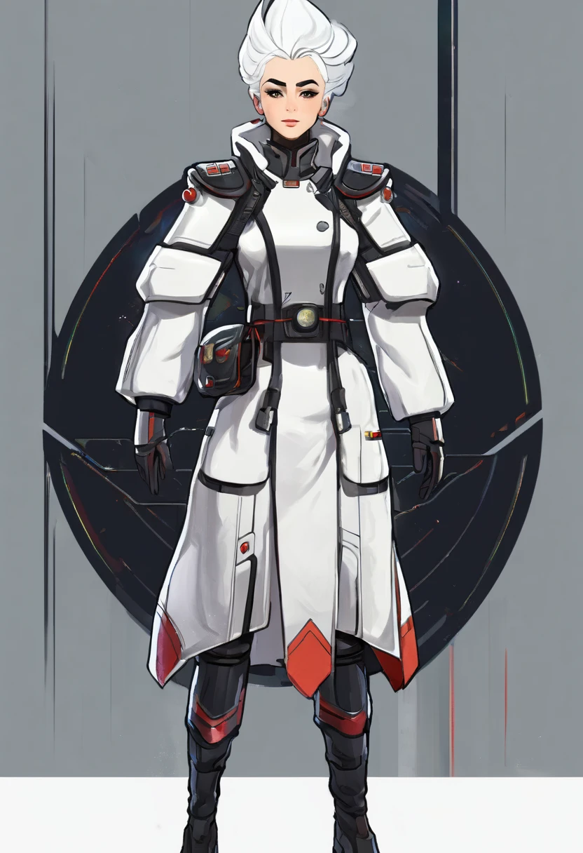 Make a character with white hair, futuristic and soviet union themed mitar clothing with black and white sleeve strokes