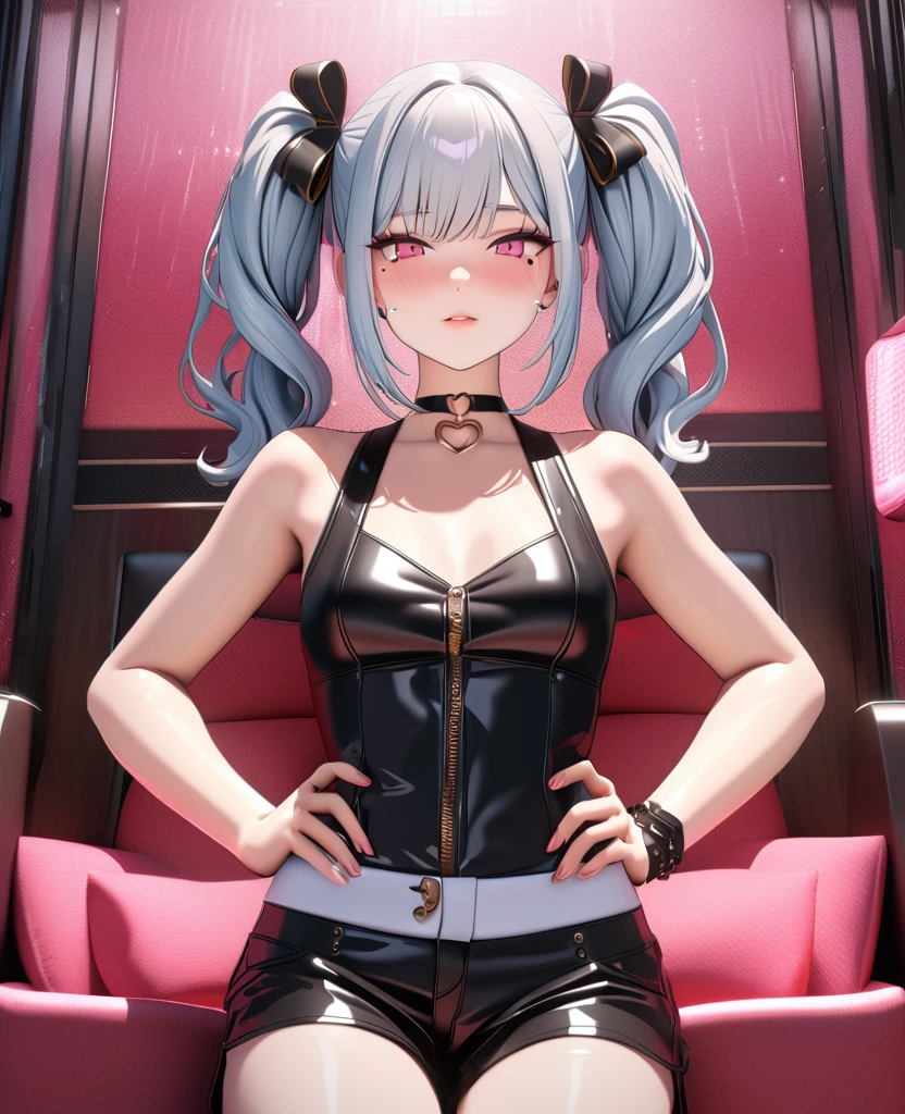 masterpiece, best quality, highly detailed, high resolution, expensive resolution, high resolution, 4K, 8k, uniform 8k wallpaper, highly detailed CG, masterpiece, 2D, 3D, beautiful details, depth, fine texture, best quality: 1.3, perfectly focused, crispy. skin, him, cute anime 20s girl, her name is Mei, idol, expensive brown short twin tails, mole under eye, looking at the viewer, cowboy shorts, expensive, blush, mole, plump lips, heart, pink eyes, heart shaped choker