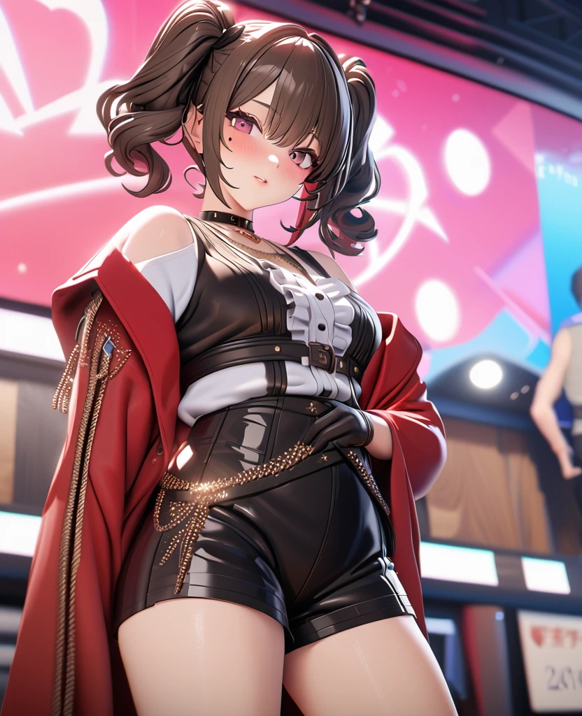 masterpiece, best quality, highly detailed, high resolution, expensive resolution, high resolution, 4K, 8k, uniform 8k wallpaper, highly detailed CG, masterpiece, 2D, 3D, beautiful details, depth, fine texture, best quality: 1.3, perfectly focused, crispy. skin, him, cute anime 20s girl, her name is Mei, idol, expensive brown short twin tails, mole under eye, looking at the viewer, cowboy shorts, expensive, blush, mole, plump lips, heart, pink eyes, heart shaped choker