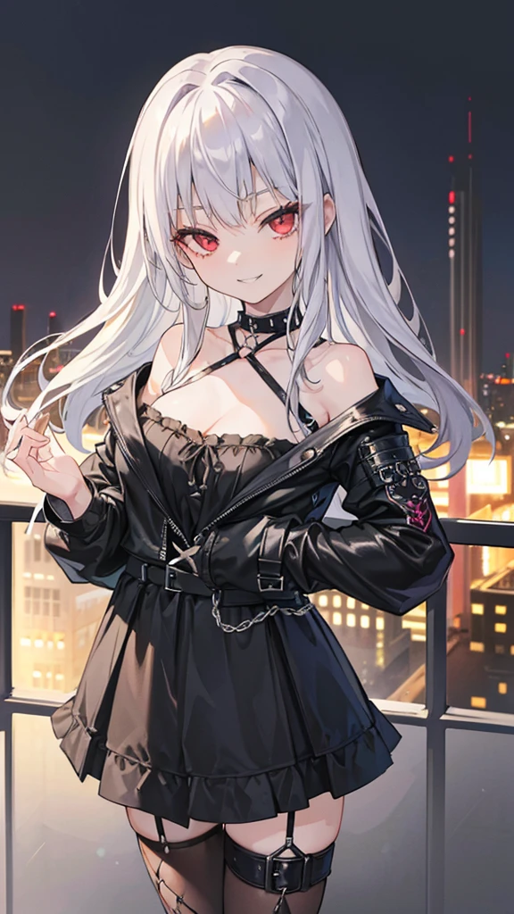 ((masterpiece、highest quality、Super detailed))、One girl、silcer deep gray Hair、long straight hair、straight haurcut、bl I'll 6⁶ bangs、dusty red eyes、smug smile、((Grin))、medium breasts、((Black ruffled clothes))、Off the shoulder、Strapless、((Black Leather Jacket))、((Checkered Skirt))、edgpskirt、multiple chains、Fishnet tights、Cowboy Shot、balcony and night beautiful cozy street full of cafeterias