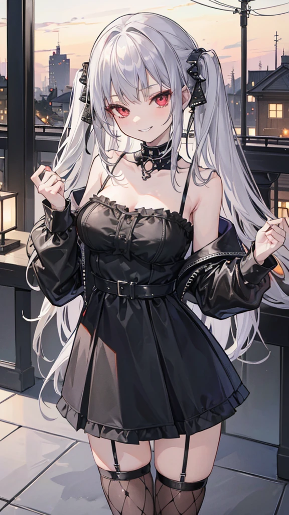 ((masterpiece、highest quality、Super detailed))、One girl、silcer deep gray Hair、long straight hair、straight haurcut、bl I'll 6⁶ bangs、dusty red eyes、smug smile、((Grin))、medium breasts、((Black ruffled clothes))、Off the shoulder、Strapless、((Black Leather Jacket))、((Checkered Skirt))、edgpskirt、multiple chains、Fishnet tights、Cowboy Shot、balcony and night beautiful cozy street full of cafeterias