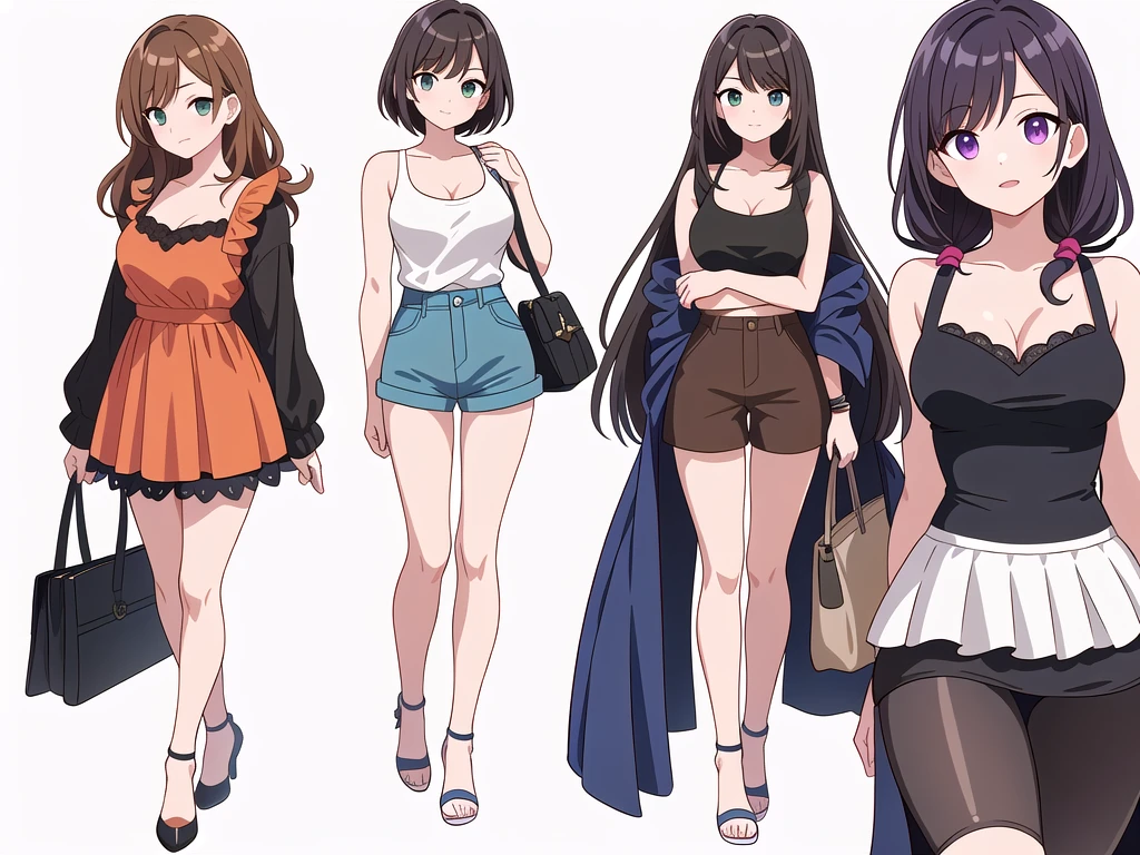 (((Best Quality))) , ((full body)), 4 lady, adult woman, multiple views, (((white background,))) variety of hairstyles, variety of fashion styles, seductive pose, fashionable and trendy atmosphere, holding bag, summer outfits, walk pose, dark blue/dark orange/dark green/dark violet/brown/white, short shorts, cleavage,
