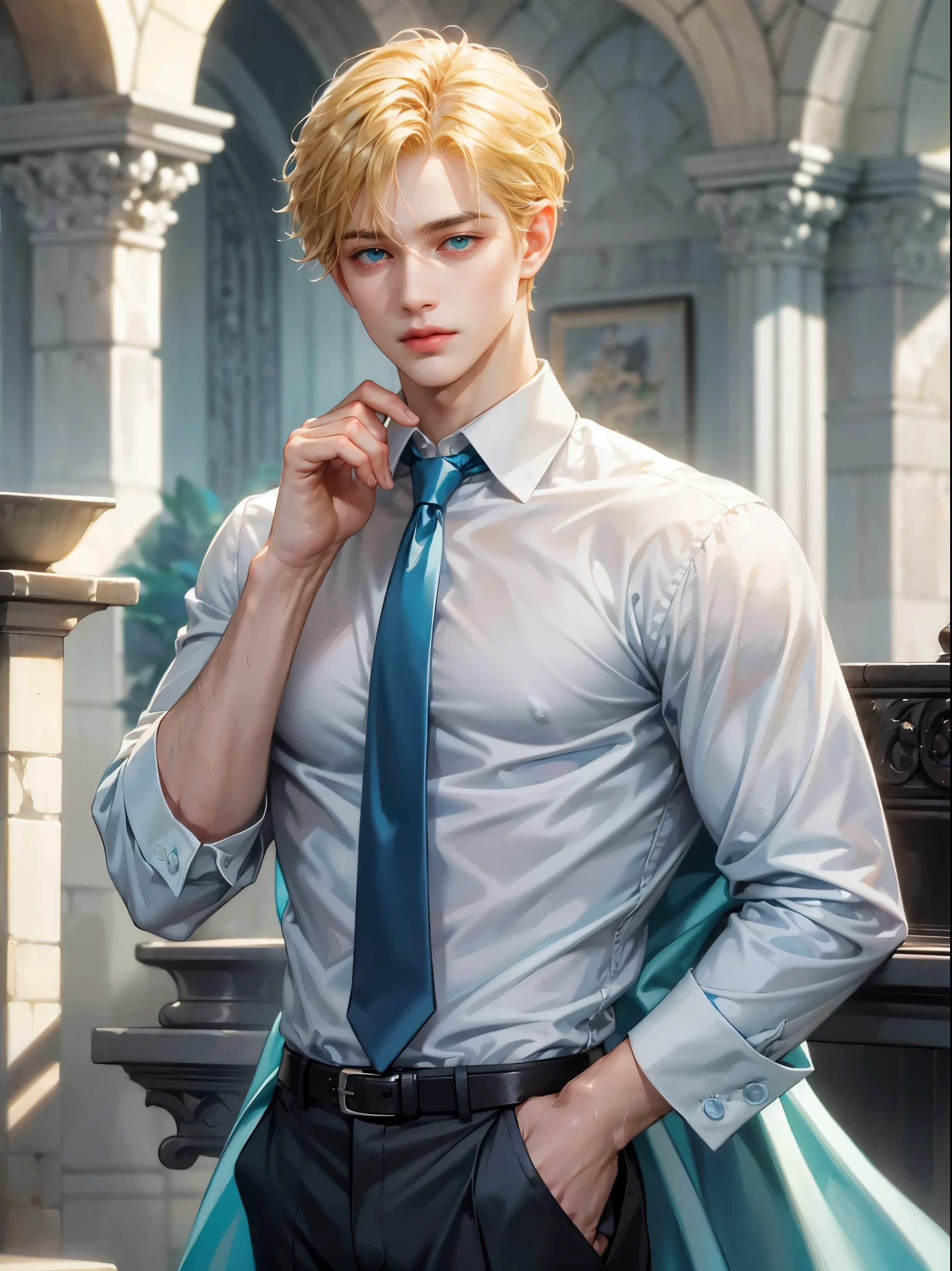 A boy, medium blonde hair, sky blue green eyes. He wears a white shirt with a fuchsia tie. He has grey pants. Handsome boy, detailed eyes, detailed face, detailed hands. He has his hands in his pockets. He looks at the viewer. Full figure. Background a castle