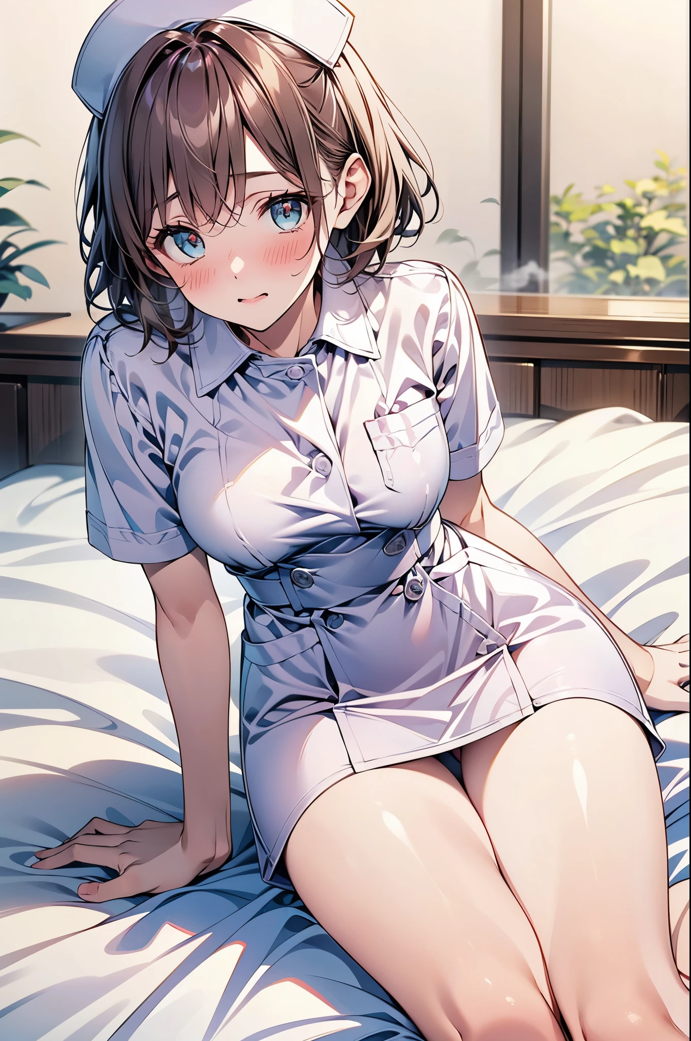 (1 person、alone), Beautiful woman, detailed face, (High-definition and beautiful eyes)、(Anatomically perfect body), Slender、White nurse uniform、Japanese style nurse uniform, Knee-length dress、nurse、(Lying on the bed:1.3), (Lift your legs, Bend your knees)、(Pussy juice:1.1), The legs are thin、18-year-old、(Highest quality)、Black Hair, (8K, High resolution)、(shy:1.4)、medium breast, (steam:1.1), (embarrassed:1.3), show off nipples under shirt, (Wide Shot)