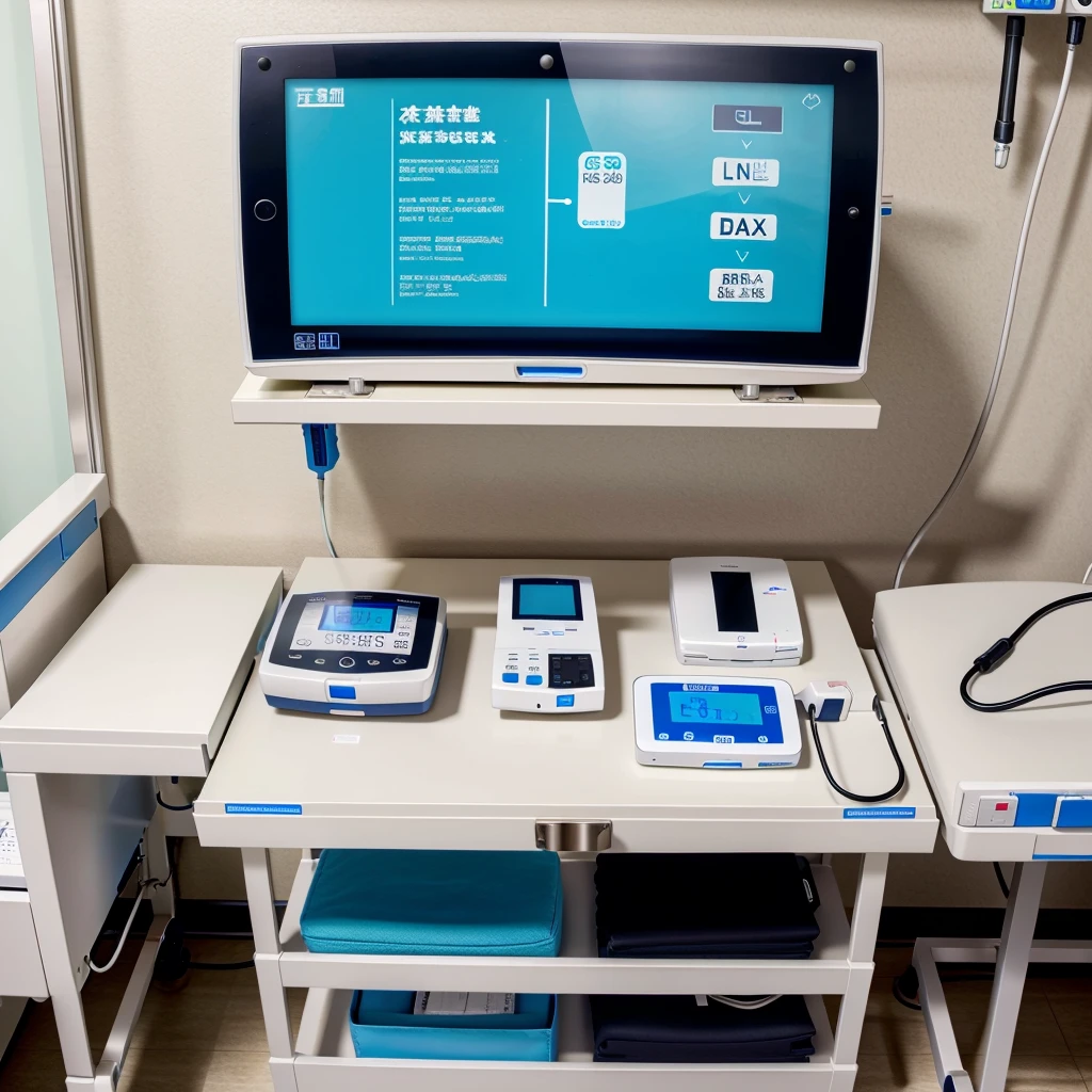 An rectangular big box top contains a adjustable screen ,at the middle need a iv  infusion pump, at the side all vital equipment, another side handrub glove box , another side defibrillator . This is an digital emergency bedside box in hospital ward
