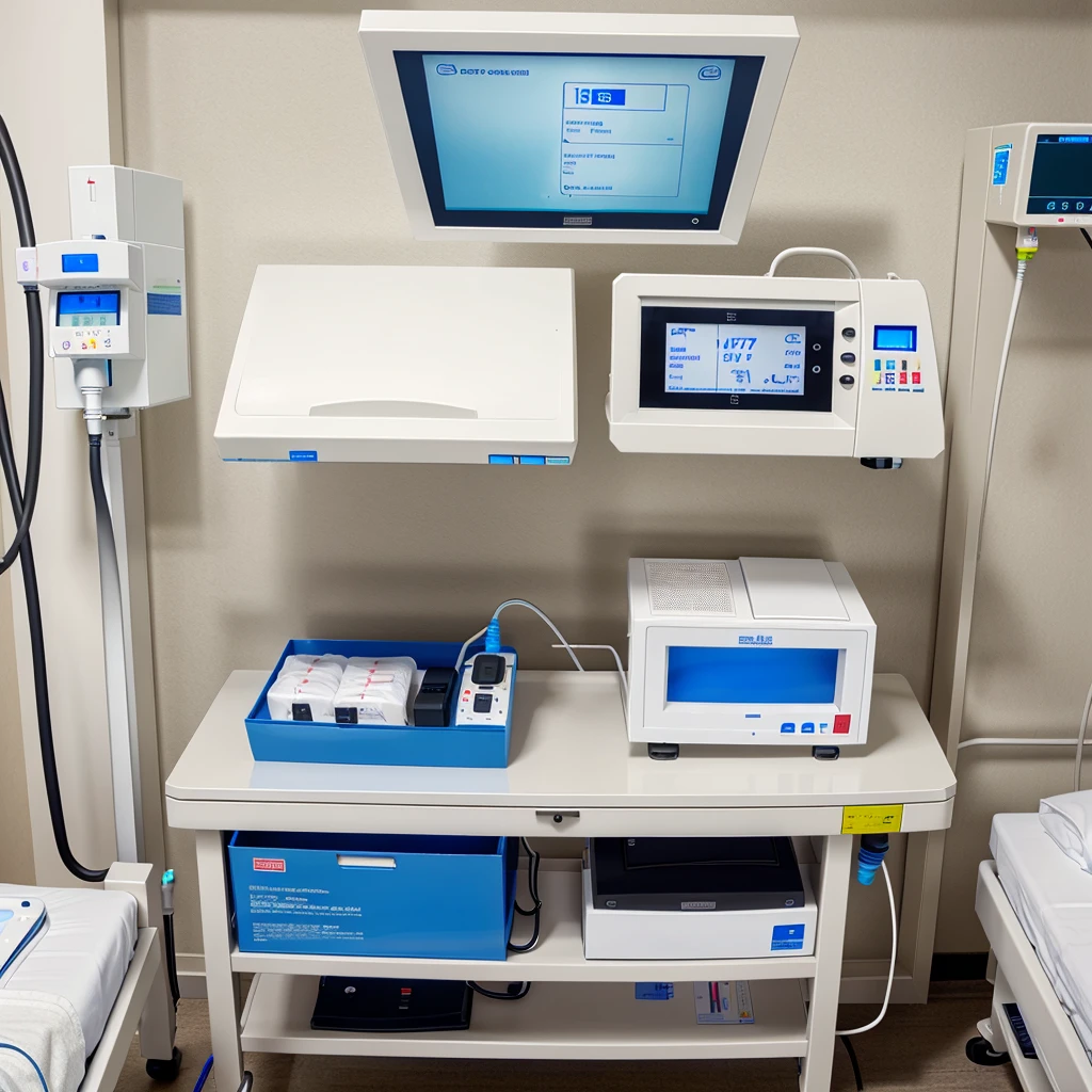 An rectangular big box top contains a adjustable screen ,at the middle need a iv infusion pump, at the side all vital equipment, another side handrub glove box , another side defibrillator . This is an digital emergency bedside box in hospital ward