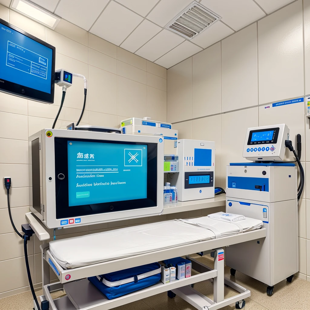 An rectangular big box top contains a adjustable screen ,at the middle need a iv infusion pump, at the side all vital equipment, another side handrub glove box , another side defibrillator . This is an digital emergency bedside box in hospital ward