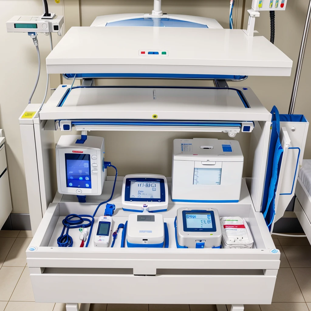 An rectangular big box top contains a adjustable screen ,at the middle need a iv  infusion pump, at the side all vital equipment, another side handrub glove box , another side defibrillator . This is an digital emergency bedside box in hospital ward