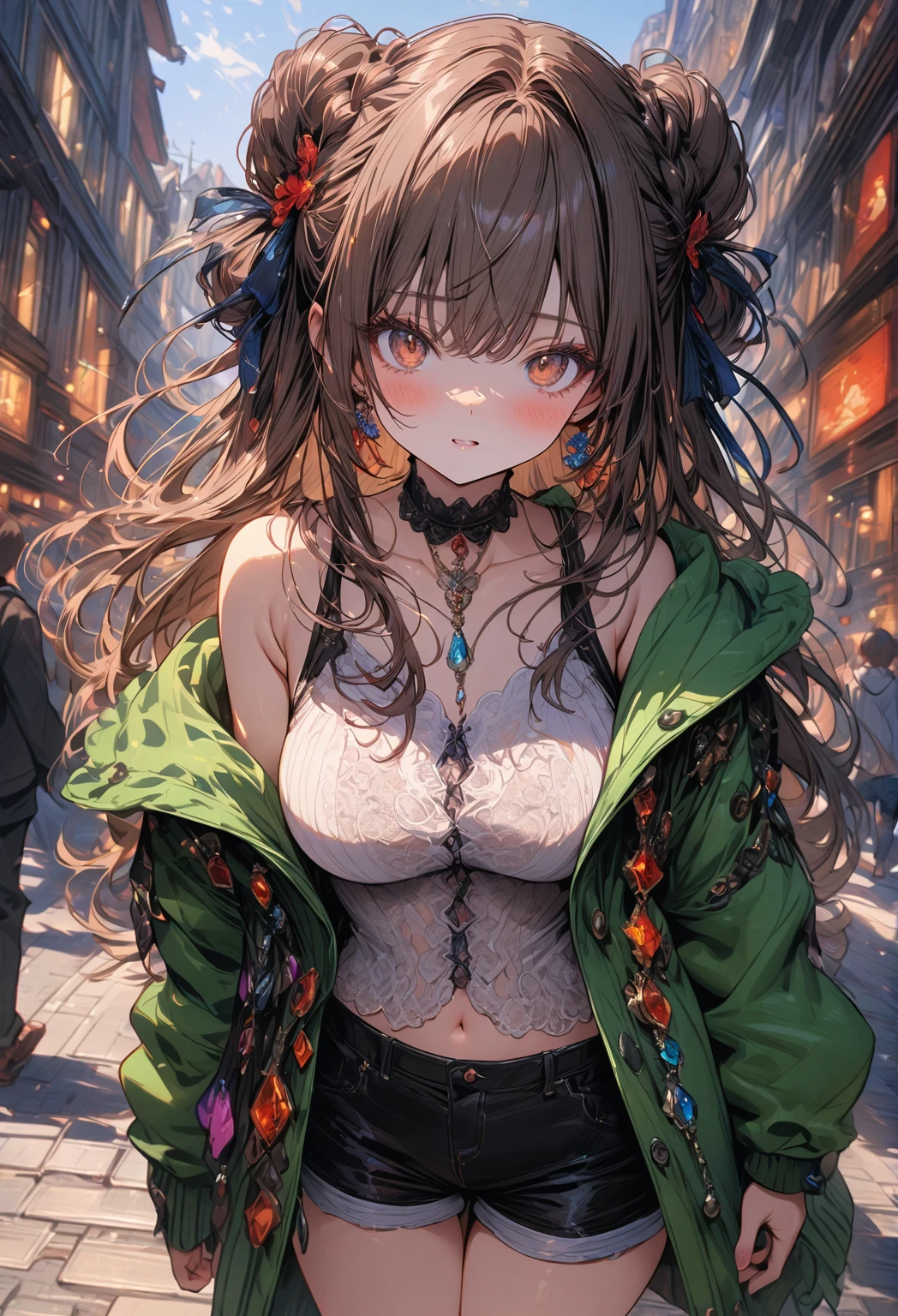 ((masterpiece:0), best quality, very aesthetic, newest, absurdres, detailed, high quality)
BREAK
highest quality, top quality, details, highres, ultra fine painting, digital art, official art, cinematic, 4k, 8k resolution, 8K CG wallpaper, CG, original artwork, detailed background, colorful background, blue atmosphere, High Dynamic Range, blurry background, blue hour, Starburst effects, crepuscular rays, good ISO, high resolution, wide shot, from far away, RAW photo, POV, sharp focus, light reflection, reflections, intricate details, soft light, particle noise, professional photography, bokeh, depth of field, natural lighting, vibrant colors, looking away, detailed lights and shadows, stylish, ultra-detailed, top rated on Pixiv, trending on Artstation, niji style, modern-days, master crafted, pose
BREAK
solo, close up shot, from above, 1girl, pale skin, correct fingers, detailed hand, (big tight breasts:1.2), big thighs, small torso, short body, flushtered, blush, anxious expression, casual, slim, ((cute, childlike face):1.3), nice hips, nice body, brown hair, (long flowing hair, (big 2 buns hairstyle)), long bangs, long hair, middle hair bangs, brown eyes
BREAK
(black string closed tank top, choker, off shoulder open green hoodie, (tummy skin), open unbuttoned shorts, many colors outfit ornaments)
BREAK
a person walking down a street with a crowd of people, crowded street, crowded streets, in front of a large crowd, giant crowd, girl walking through city, people walking down a street