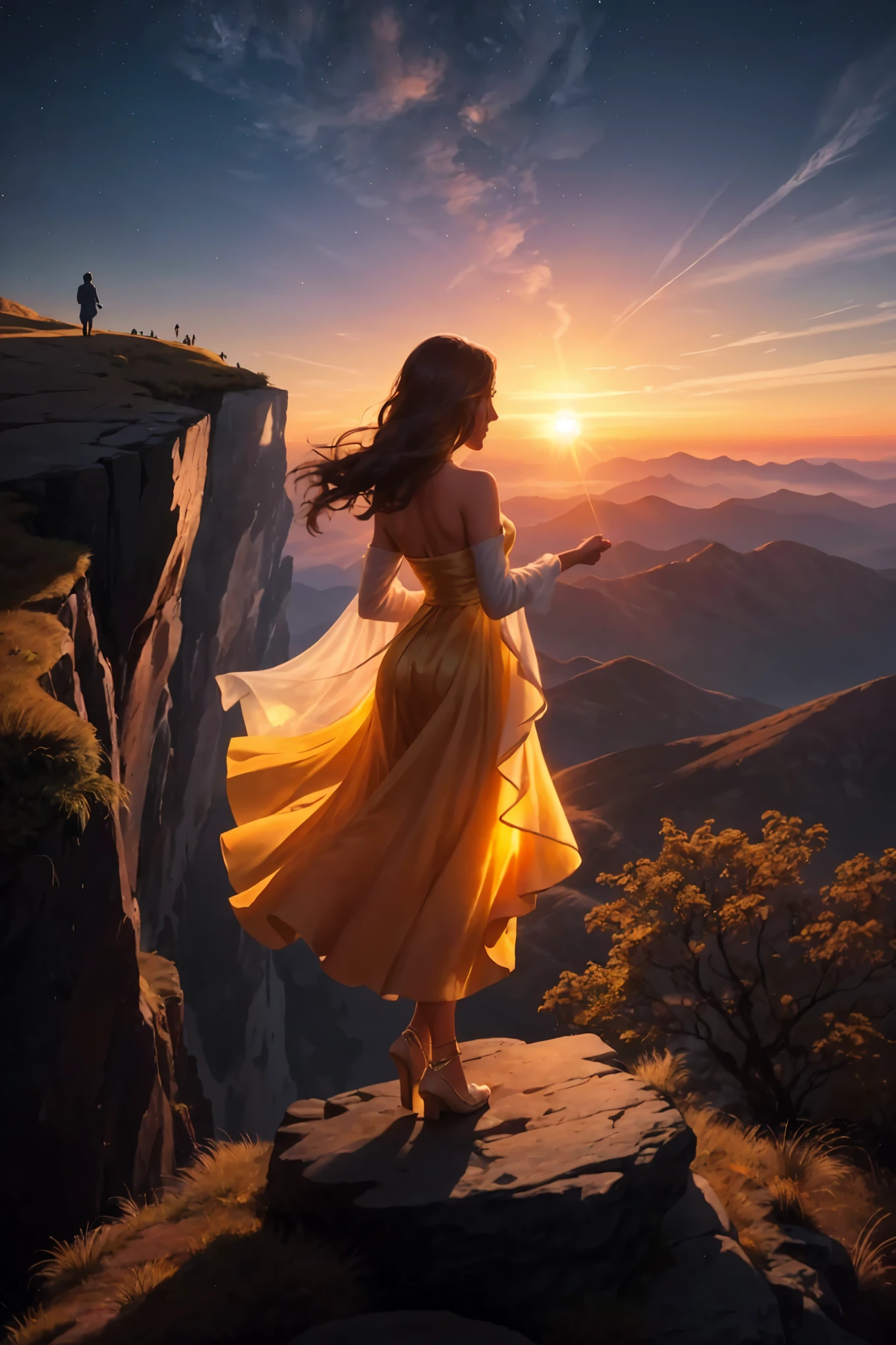 A solitary figure stands on the precipice of a cliff, captivated by the symphony of colors unfolding across the sky as the sun dips below the horizon. The warm hues of the sunset cast a golden glow on the individual, painting them in a surreal light.
As they stand there, lost in the beauty of the moment, a shimmering shadow begins to form behind them. Upon closer inspection, it reveals itself to be a luminescent entity, its form crafted from pure radiant energy. The entity moves towards them in a manner that seems almost graceful yet eerily inexorable, emanating an aura of ethereal grace. The individual feels an irres