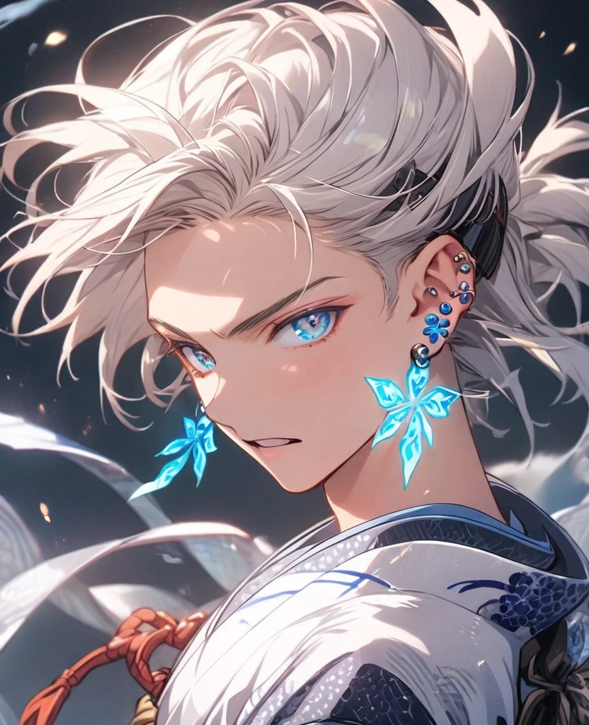 Boy,Glittery earrings,Blue glowing tattoo, Short white hair, blue eyes, Ninja