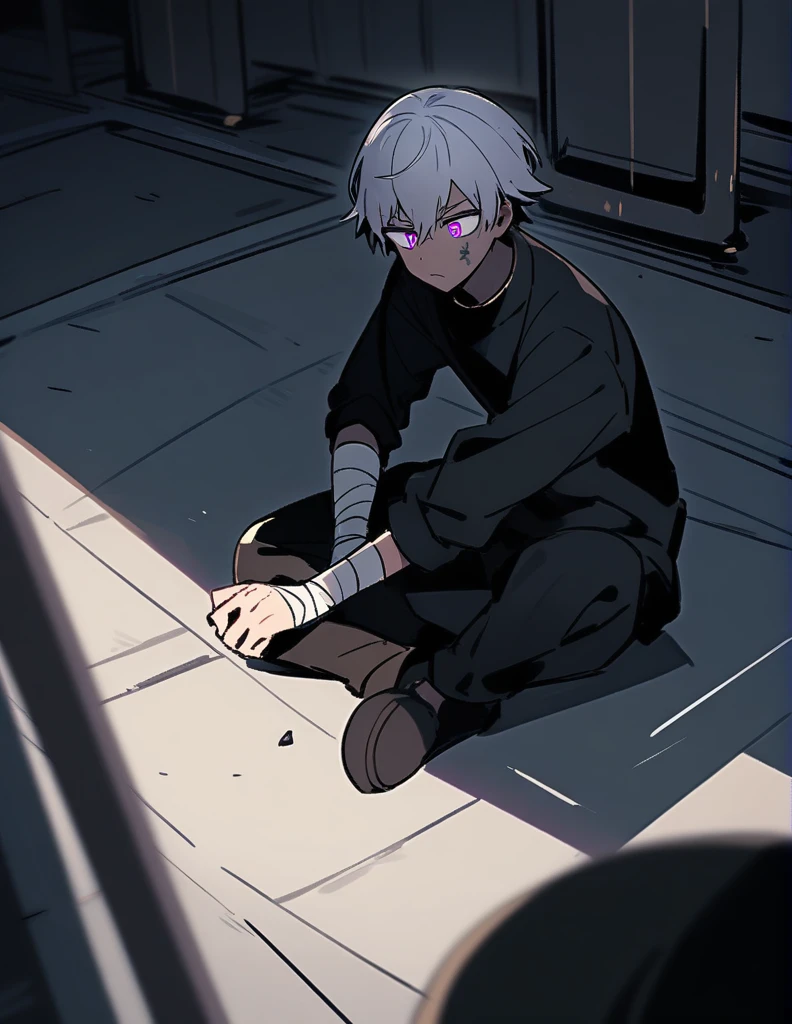 young black boy with white hair, violet eyes, bandaging his bruised and bleeding wrists, in a large room with dark bruises