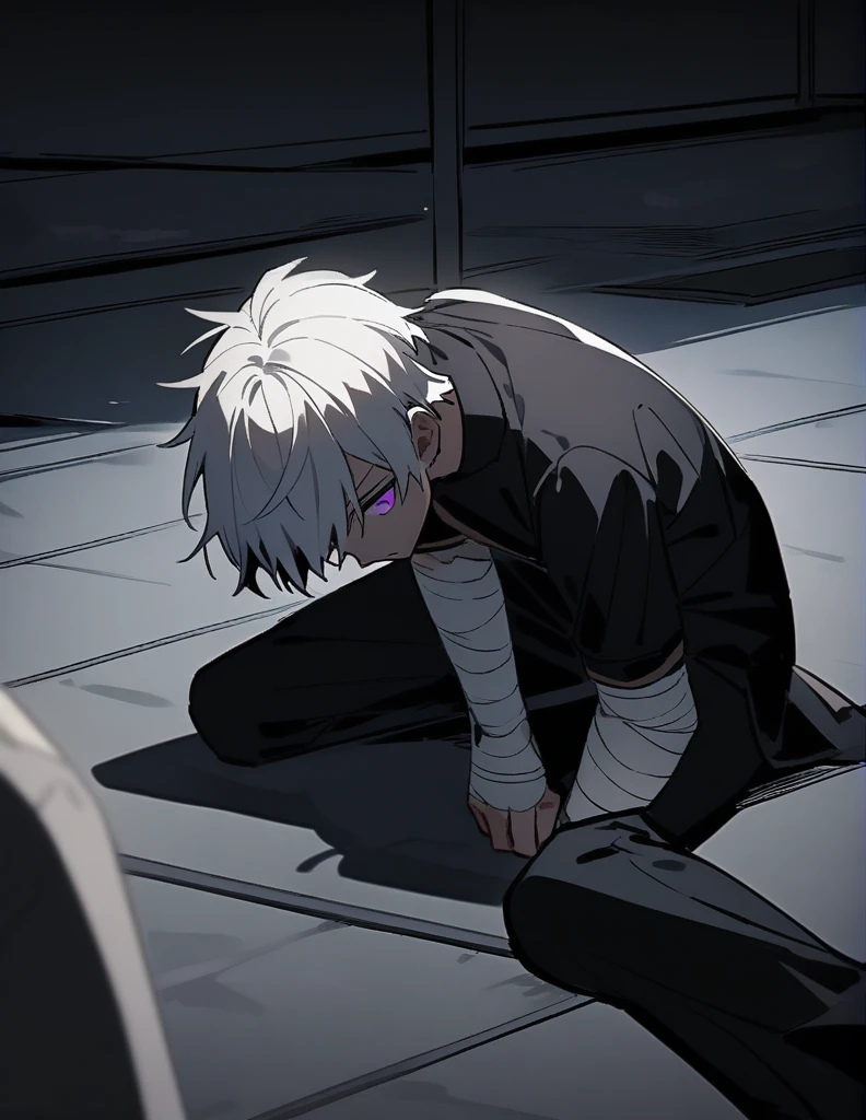 young black boy with white hair, violet eyes, bandaging his bruised and bleeding wrists, in a large room with dark bruises